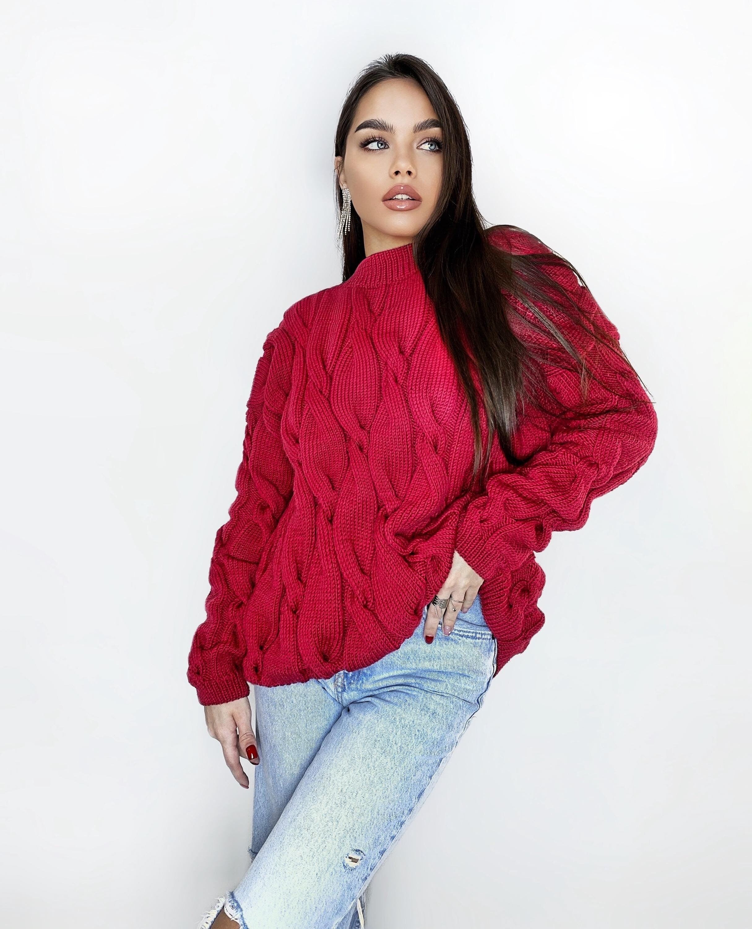 Chunky knit sweater Red sweater Oversized sweater Braids sweater Cable knit sweater burgundy sweater Women Knitwear turtleneck unique gifts