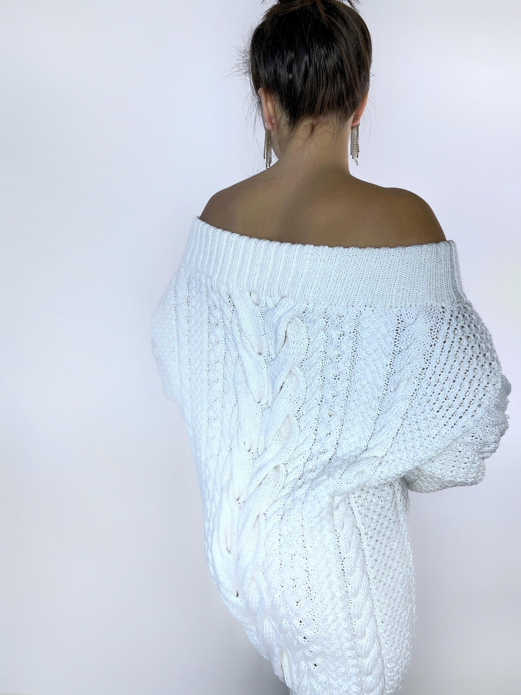 Hand knit sweater dresses for women White off shoulder sweater dress Long Cable wool sweater Knitted one shoulder dress Big cozy pulover