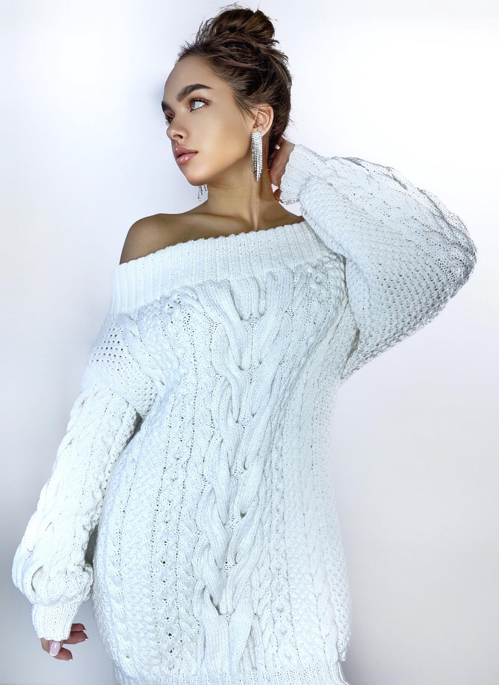Hand knit sweater dresses for women White off shoulder sweater dress Long Cable wool sweater Knitted one shoulder dress Big cozy pulover