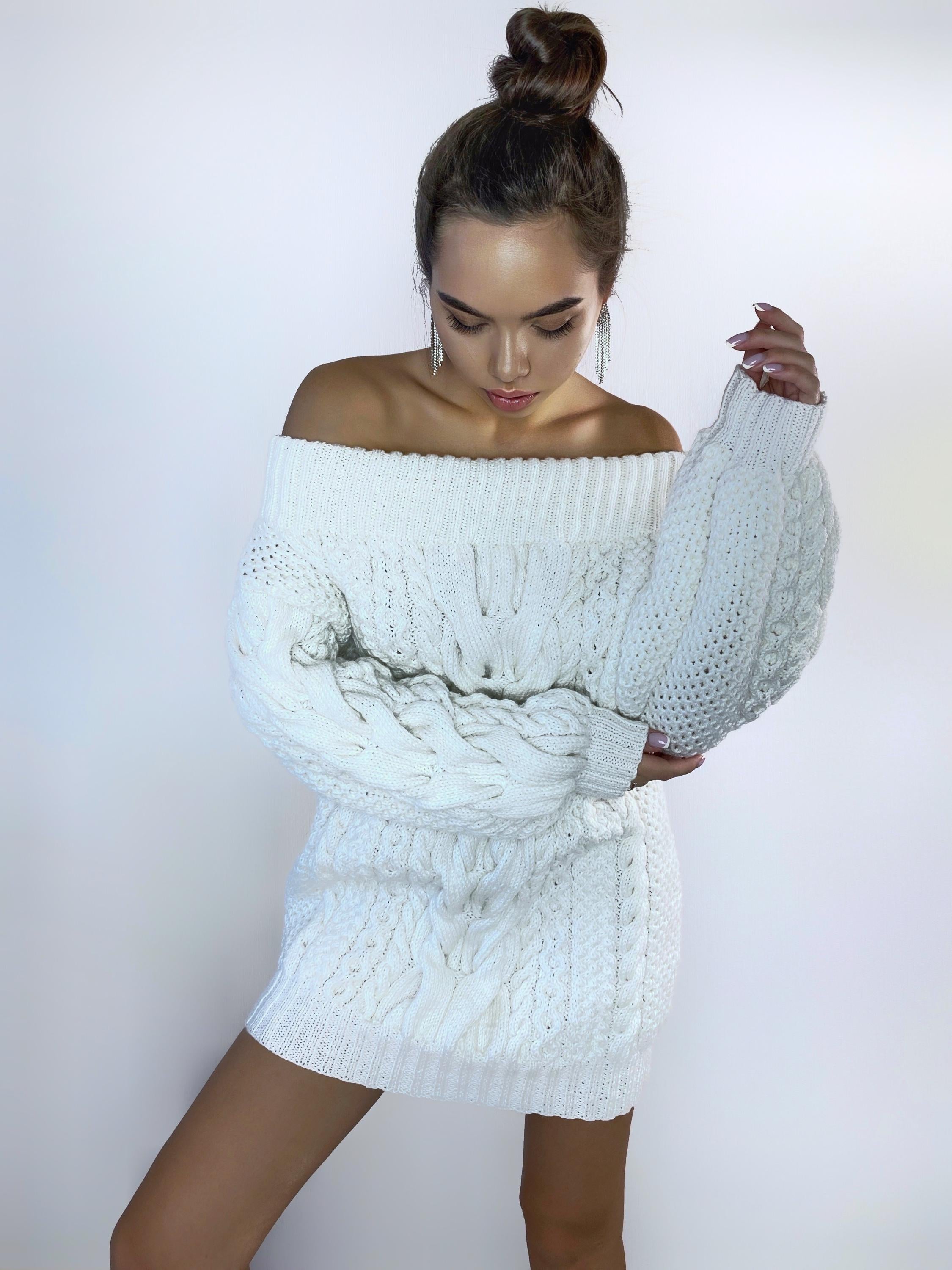 Hand knit sweater dresses for women White off shoulder sweater dress Long Cable wool sweater Knitted one shoulder dress Big cozy pulover