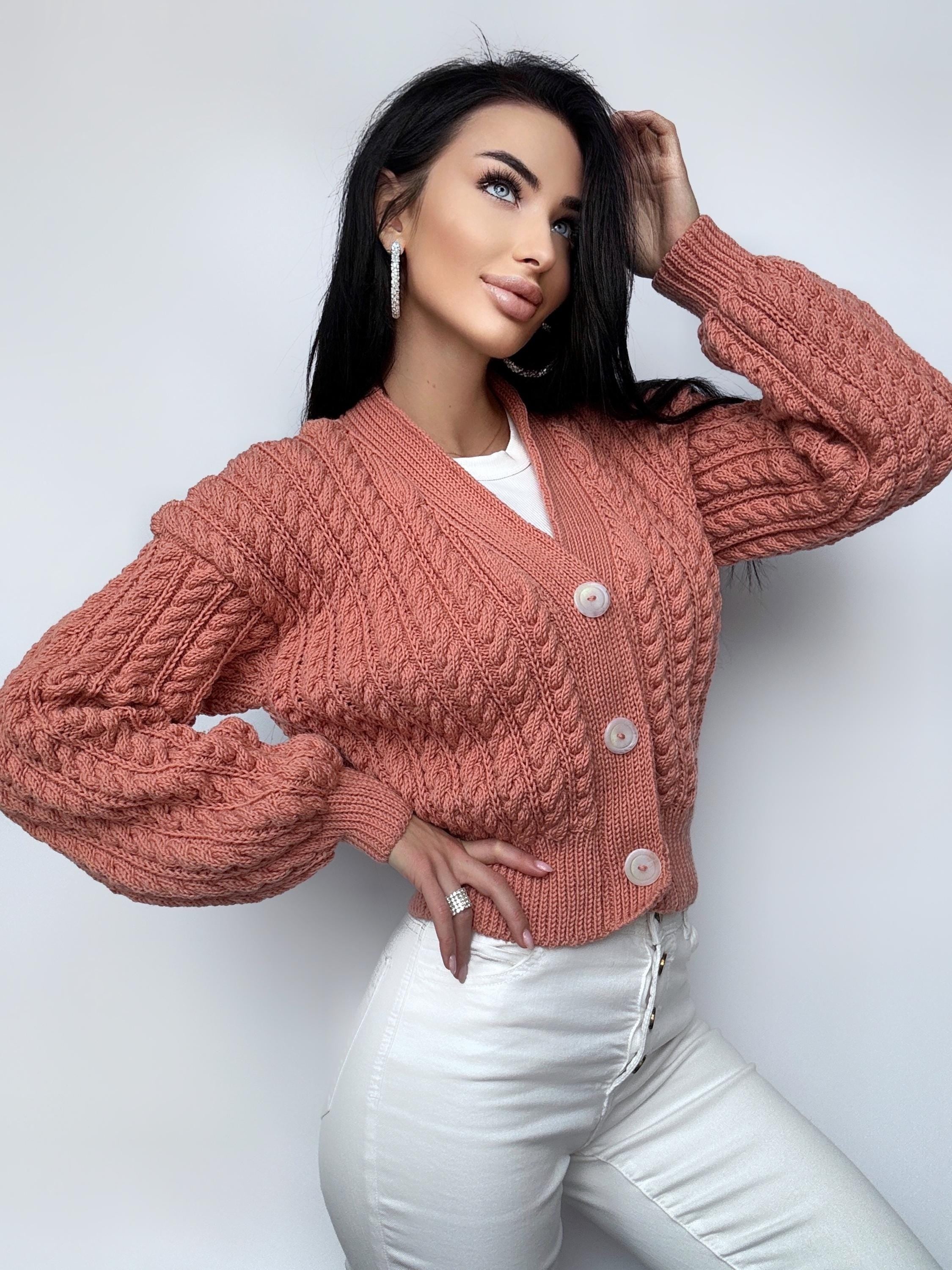 Crop cardigan Hand knit blue cardigan sweater Crop top sweater Cable knit cardigan Chunky Cozy cardigan short knitted jacket Gift for her