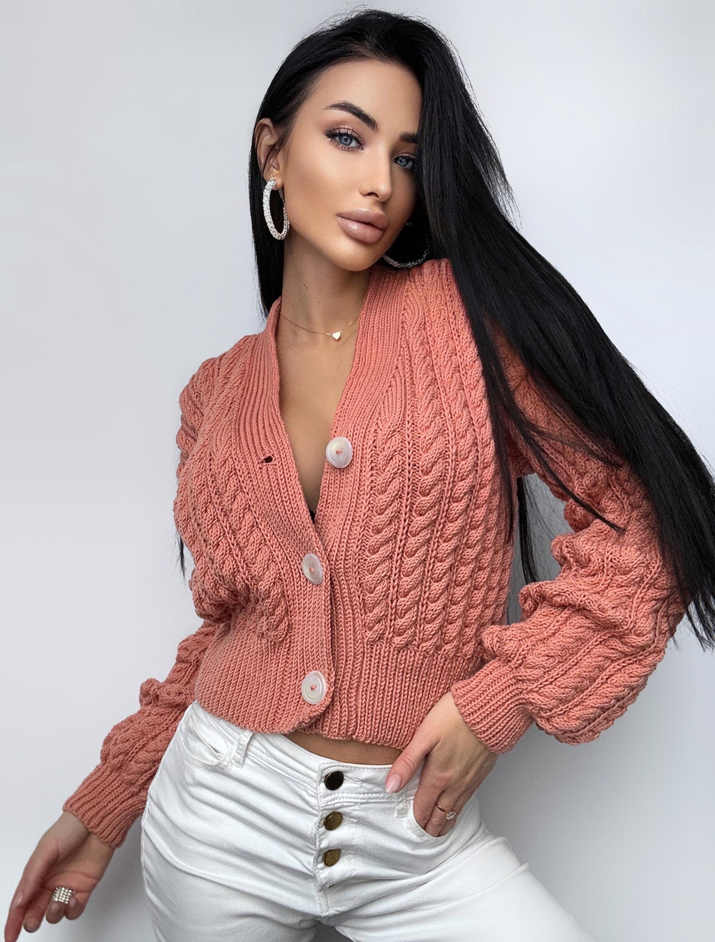 Crop cardigan Hand knit blue cardigan sweater Crop top sweater Cable knit cardigan Chunky Cozy cardigan short knitted jacket Gift for her