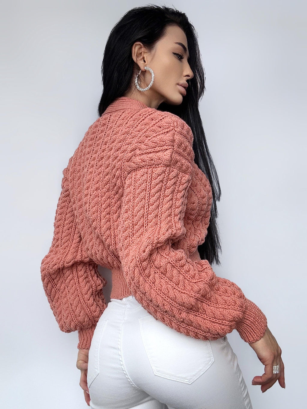 Crop cardigan Hand knit blue cardigan sweater Crop top sweater Cable knit cardigan Chunky Cozy cardigan short knitted jacket Gift for her