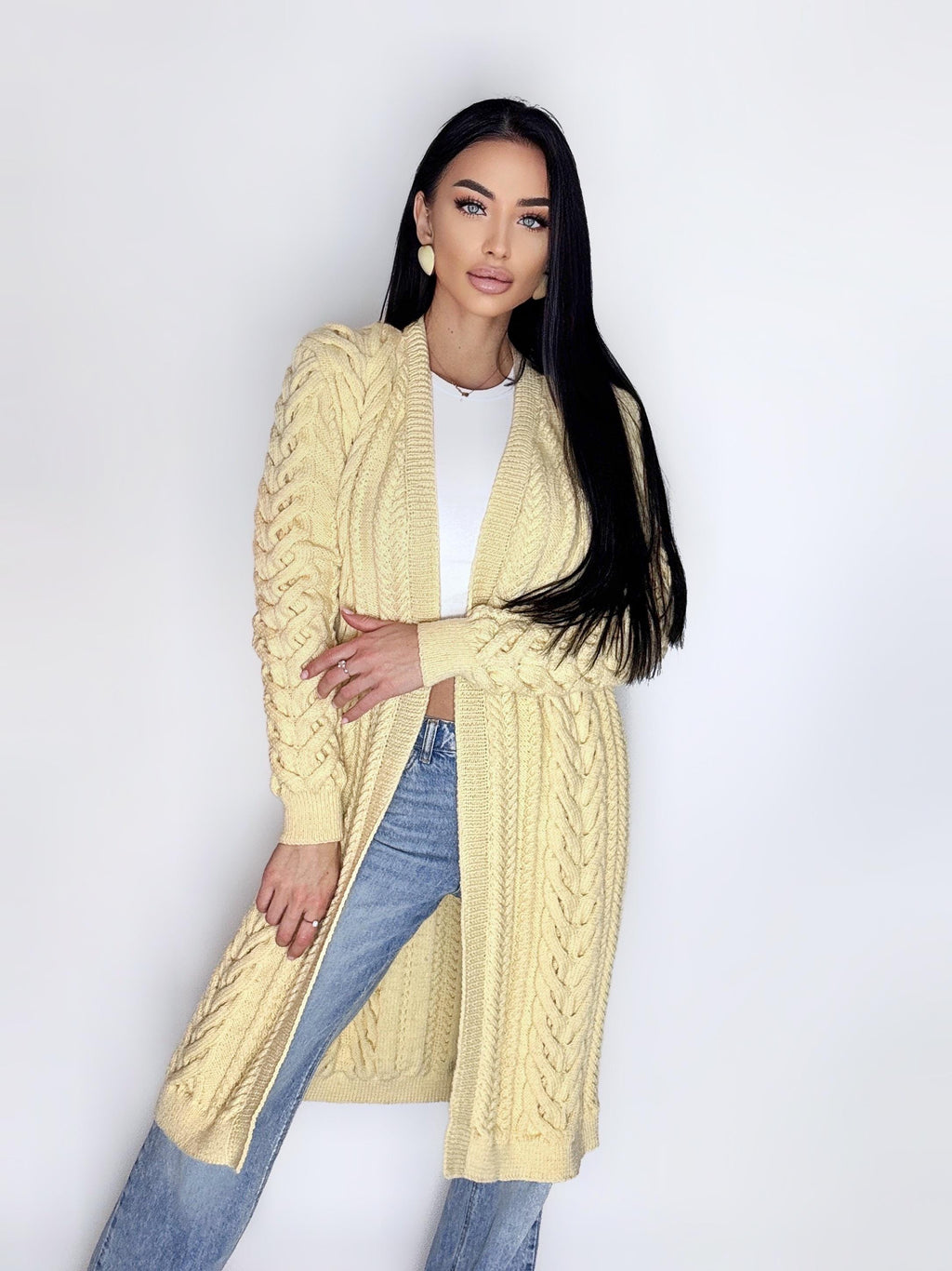 Cable knit wool maxi pastel beige merino сardigan women Chunky knit midi cardigan Cream wool cable knit braided cardigan