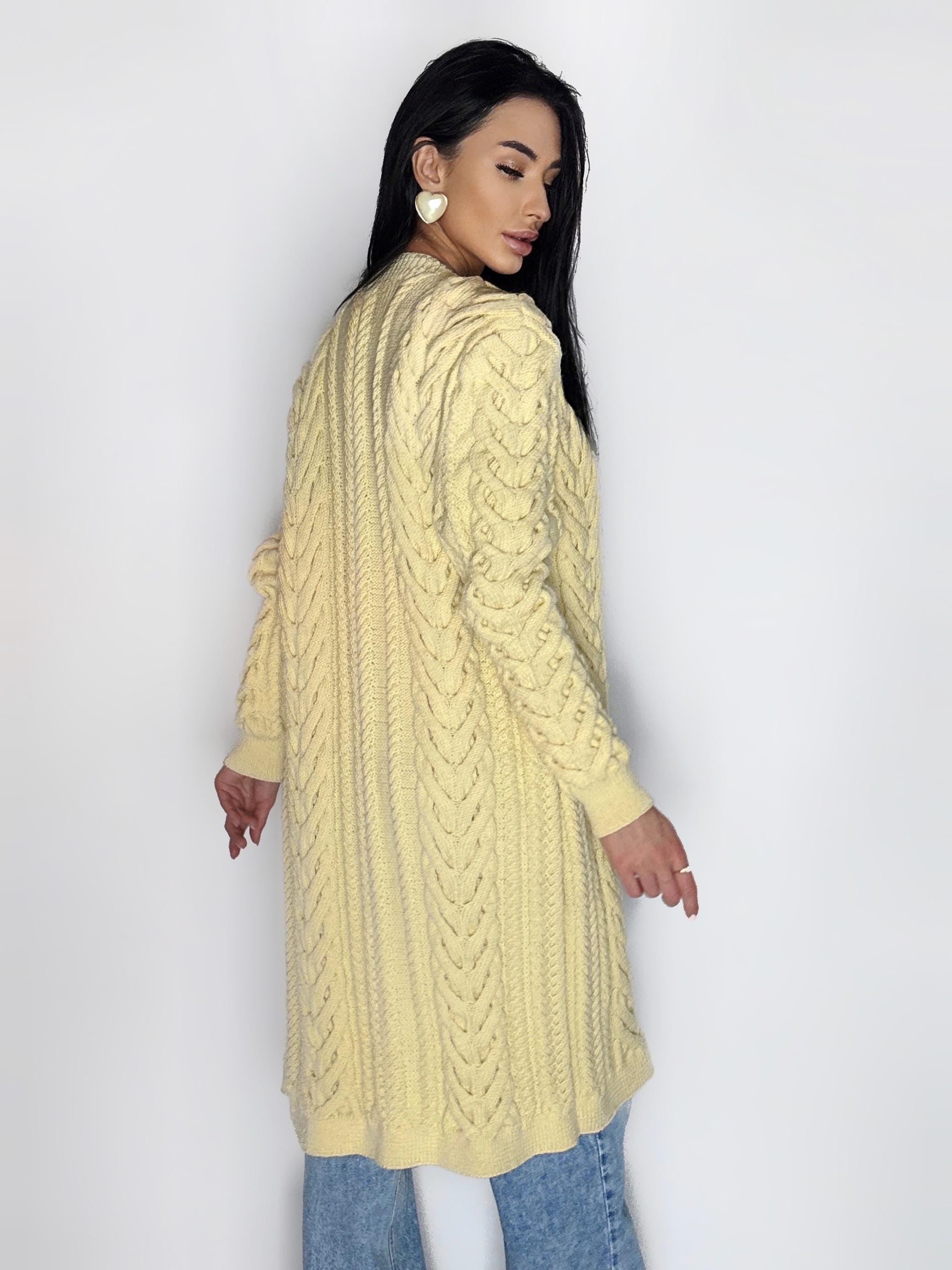 Cable knit wool maxi pastel beige merino сardigan women Chunky knit midi cardigan Cream wool cable knit braided cardigan