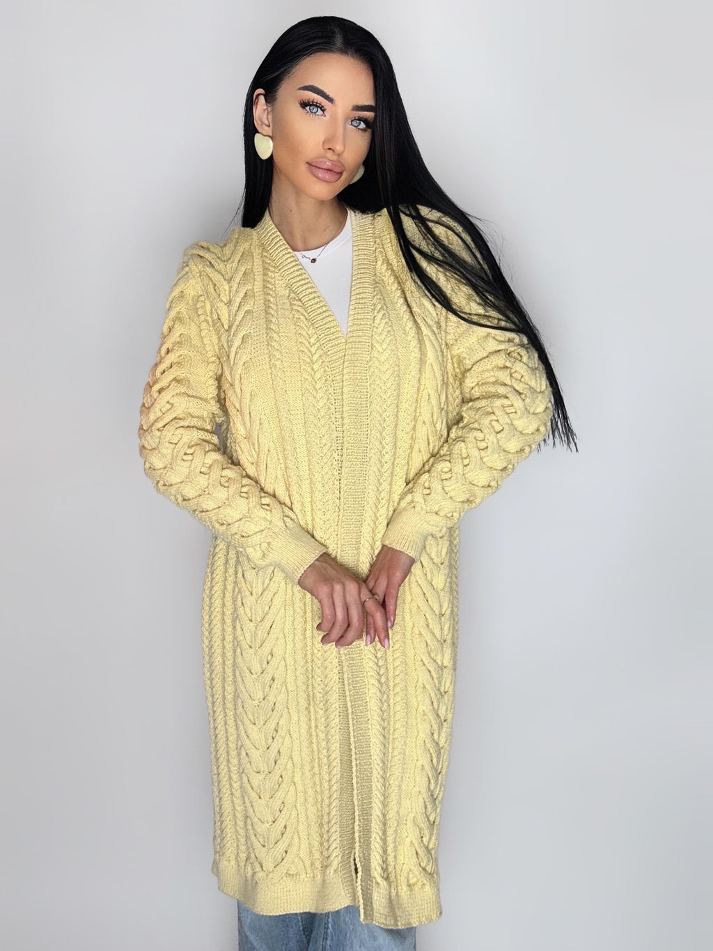 Cable knit wool maxi pastel beige merino сardigan women Chunky knit midi cardigan Cream wool cable knit braided cardigan