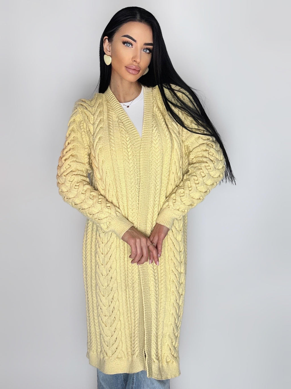 Maxi hand knit milk pastel beige merino wool сardigan women Chunky knit midi cardigan Cream wool cable knit braided cardigan