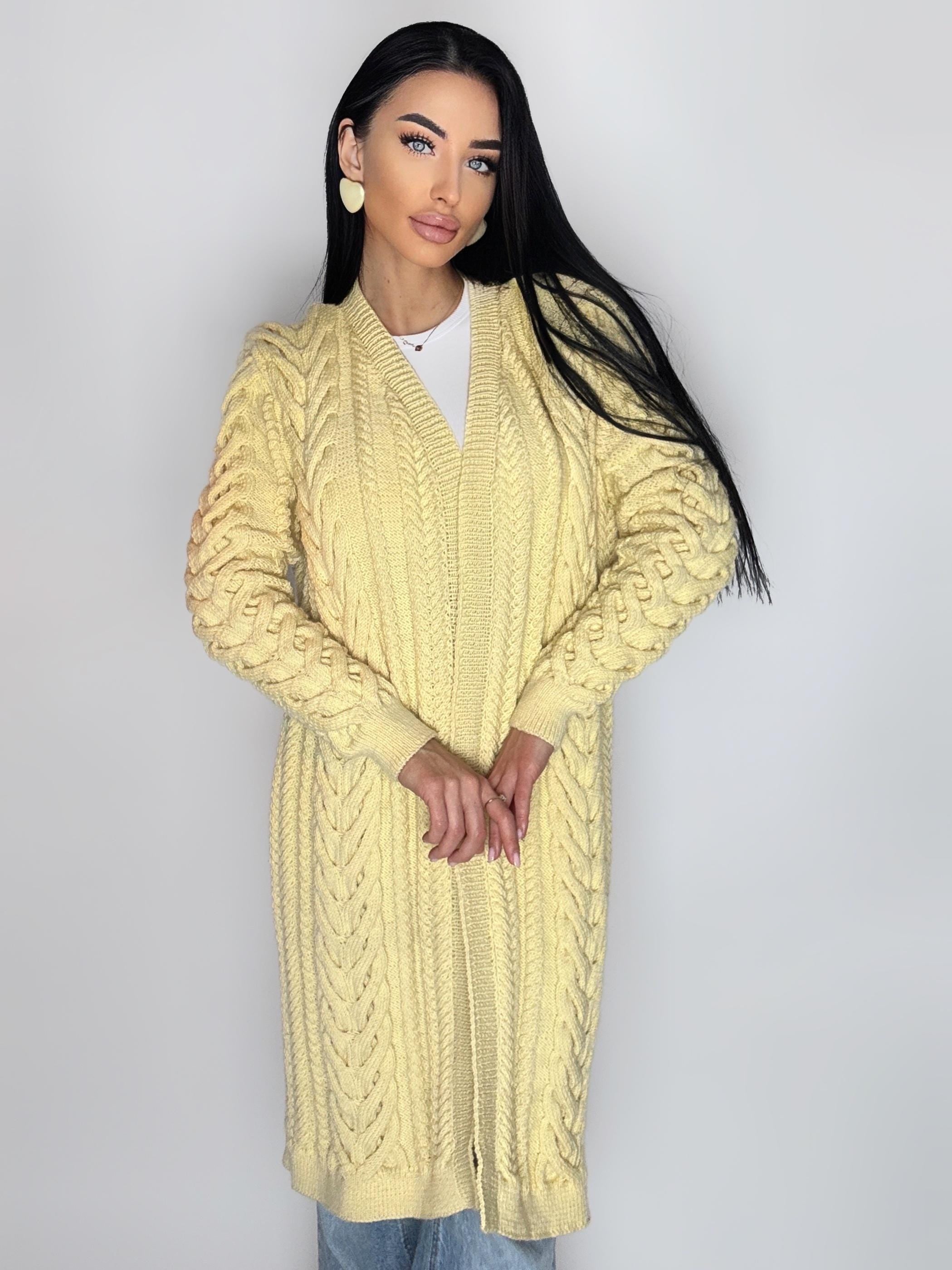 Maxi hand knit milk pastel beige merino wool сardigan women Chunky knit midi cardigan Cream wool cable knit braided cardigan