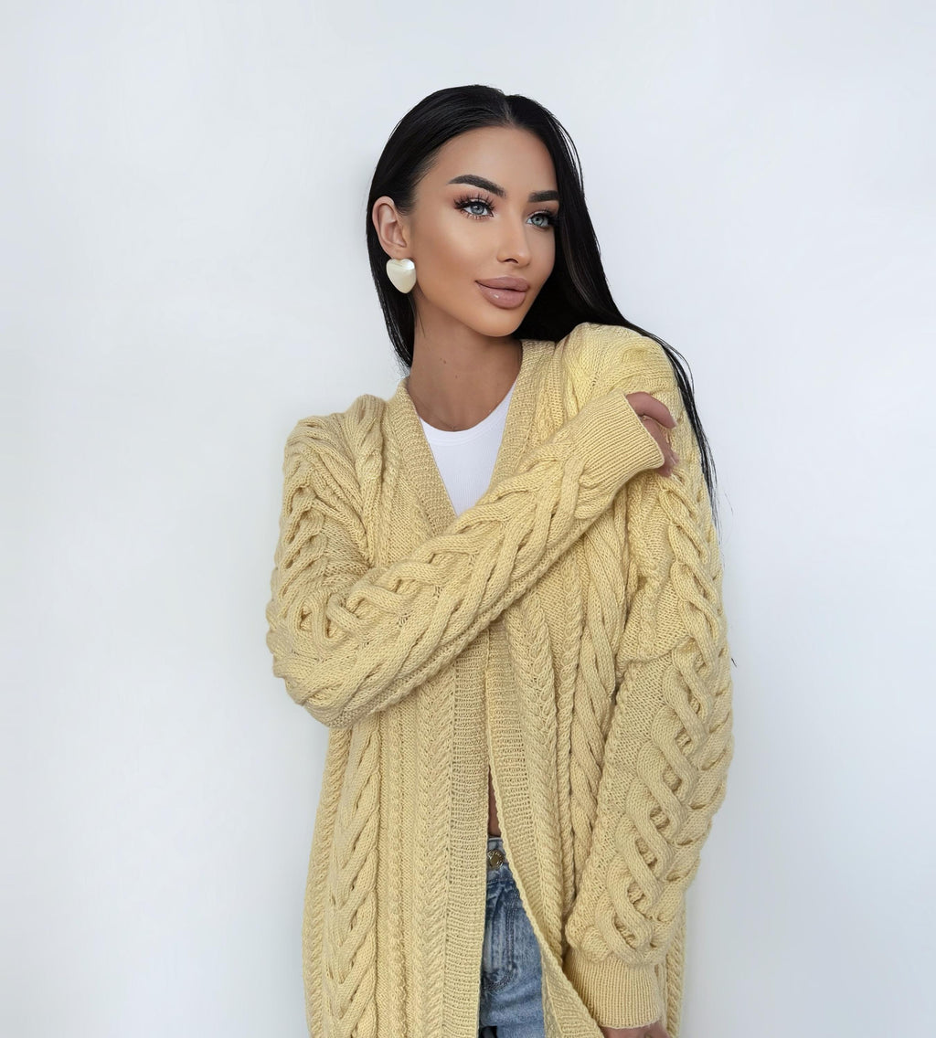 Cable knit wool maxi pastel beige merino сardigan women Chunky knit midi cardigan Cream wool cable knit braided cardigan
