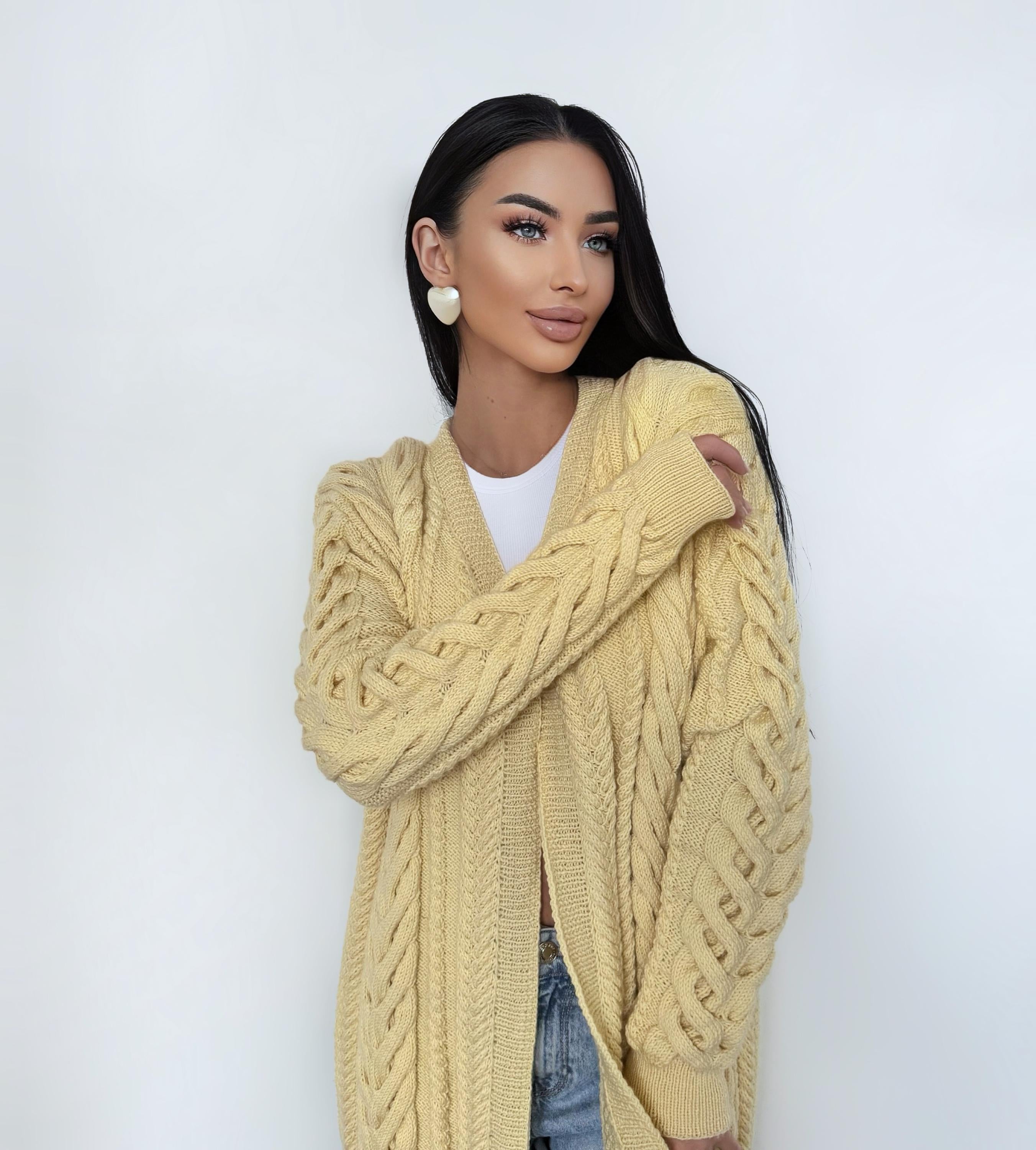 Cable knit wool maxi pastel beige merino сardigan women Chunky knit midi cardigan Cream wool cable knit braided cardigan
