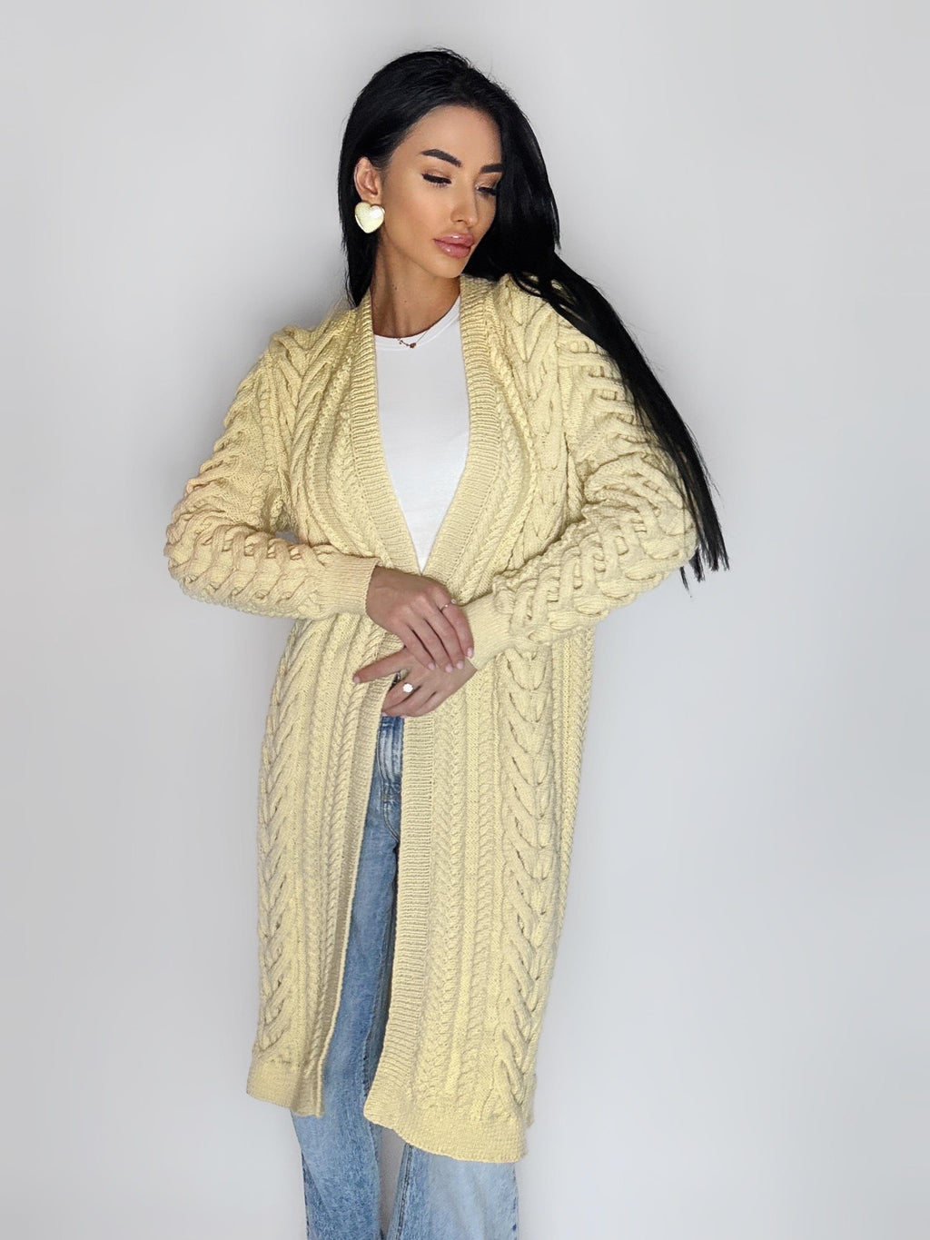 Maxi hand knit milk pastel beige merino wool сardigan women Chunky knit midi cardigan Cream wool cable knit braided cardigan