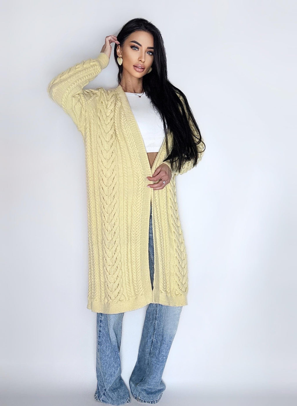 Maxi hand knit milk pastel beige merino wool сardigan women Chunky knit midi cardigan Cream wool cable knit braided cardigan