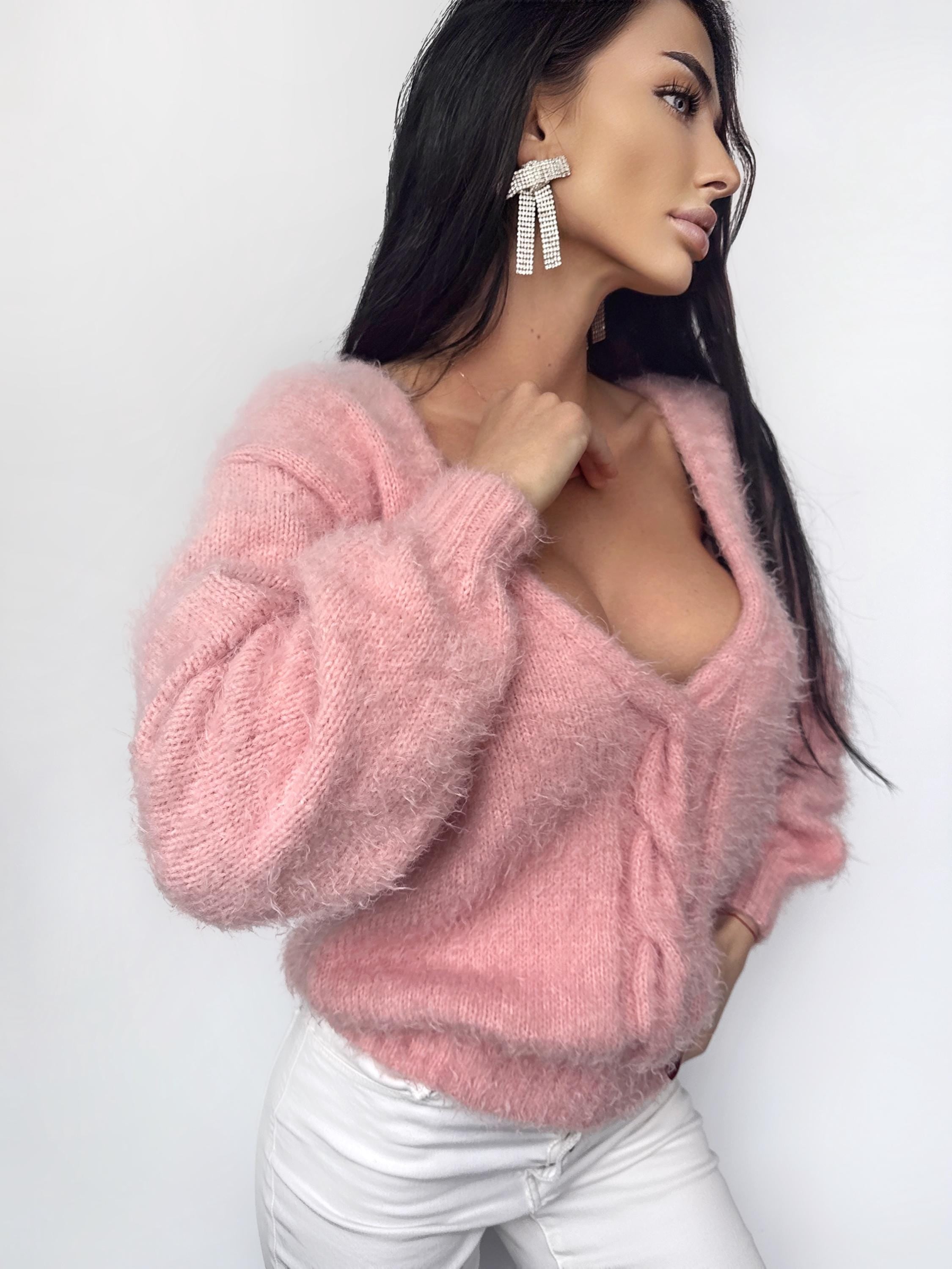 Fluffy soft knit Pink Powder wool FREE body friendly sweater Open back Deep V-neckline Analogue of angora pullover Loose fit oversize
