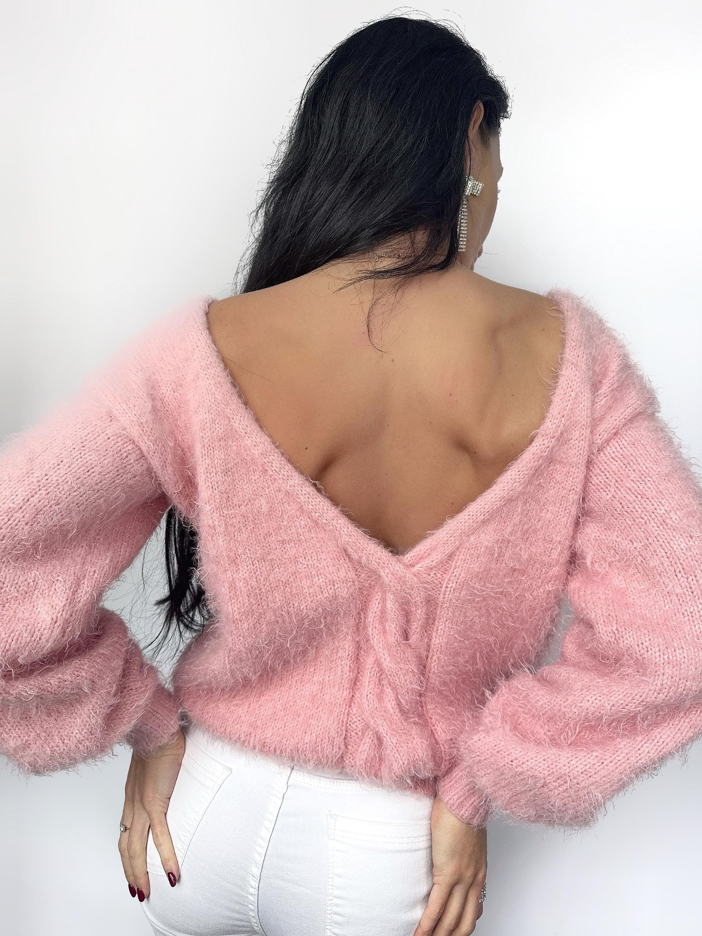 Fluffy soft knit Pink Powder wool FREE body friendly sweater Open back Deep V-neckline Analogue of angora pullover Loose fit oversize