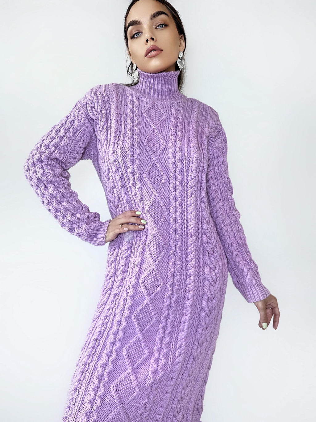 Hand knit sweater dress Chunky knit turtleneck pullover Oversize cozy sweater high collar Women cable knit sweater Lilac Pink dress Tunic