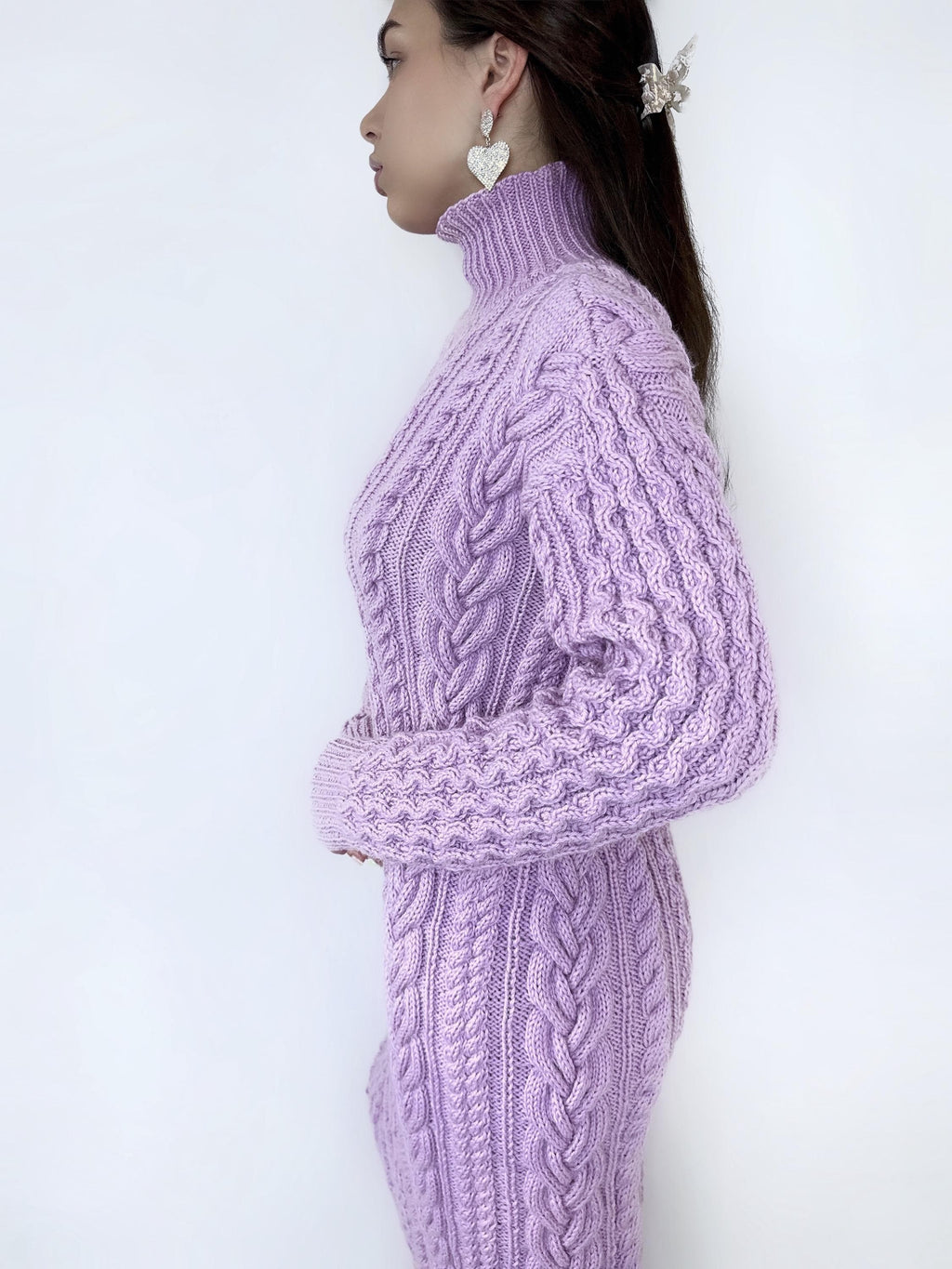 Hand knit sweater dress Chunky knit turtleneck pullover Oversize cozy sweater high collar Women cable knit sweater Lilac Pink dress Tunic
