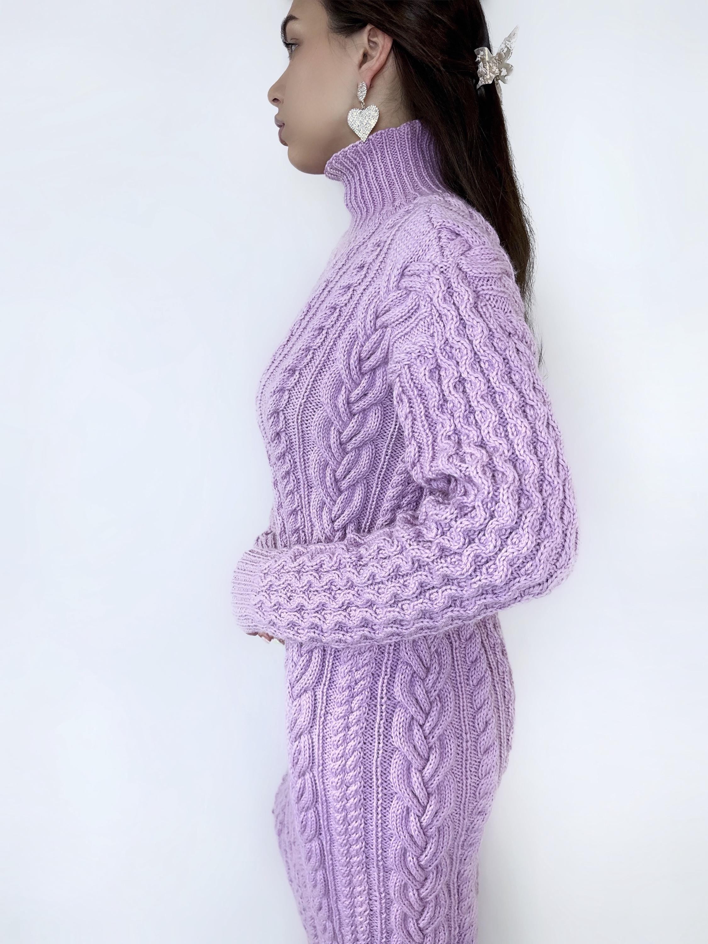 Hand knit sweater dress Chunky knit turtleneck pullover Oversize cozy sweater high collar Women cable knit sweater Lilac Pink dress Tunic