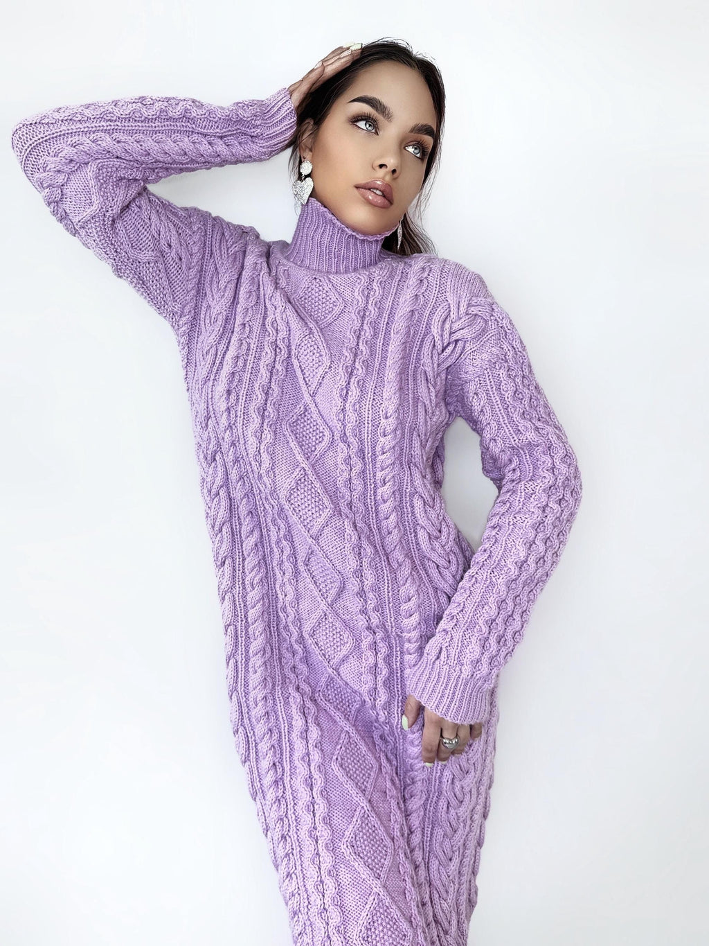 Hand knit sweater dress Chunky knit turtleneck pullover Oversize cozy sweater high collar Women cable knit sweater Lilac Pink dress Tunic