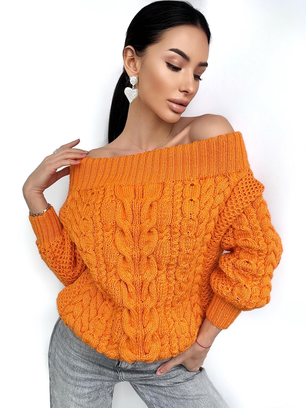 Cable knit sweater off the shoulder Orange Grapefruit coral chunky one shoulder wool cotton sweater Women’s Fall winter merino wool pullover