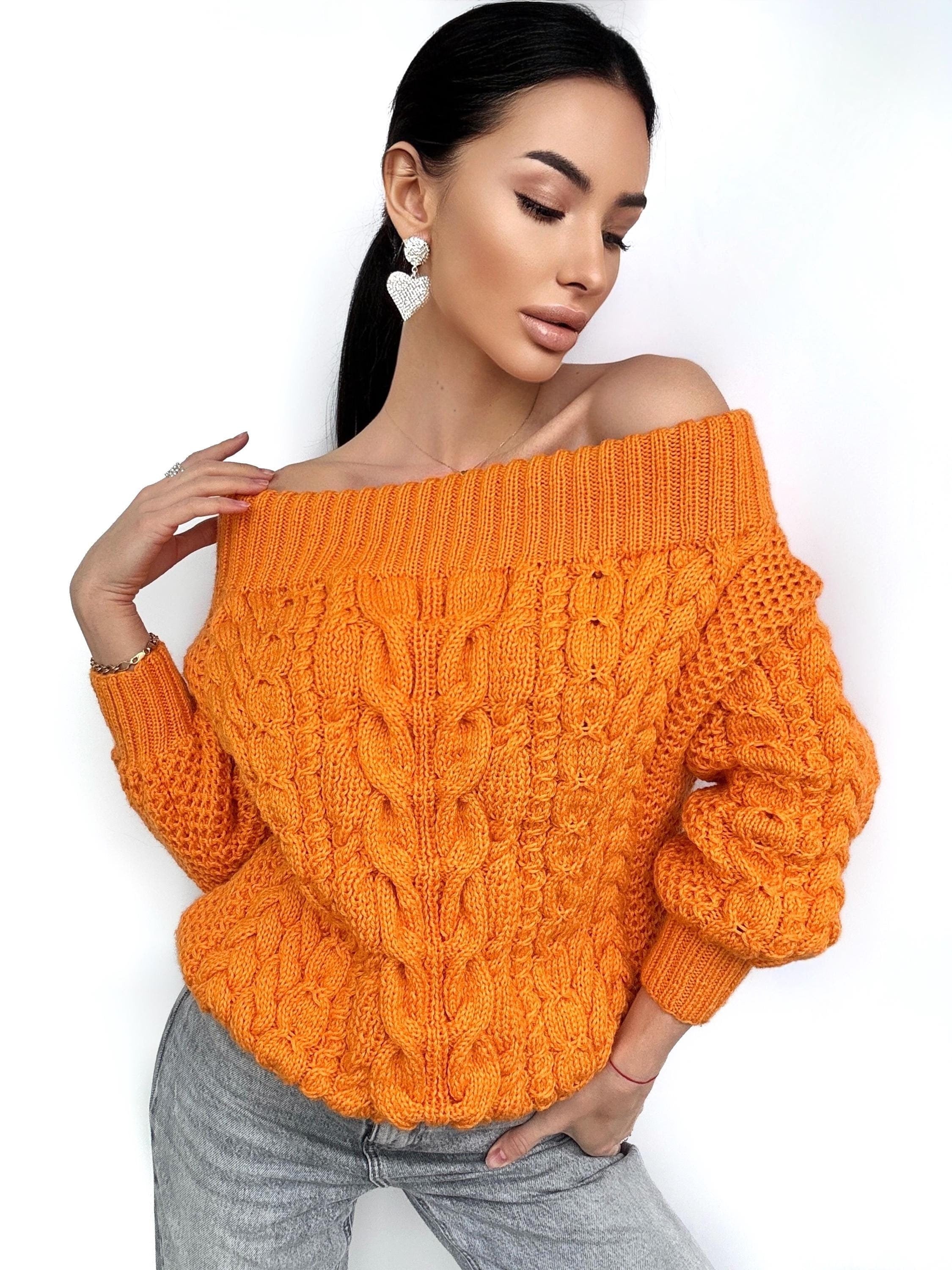 Cable knit sweater off the shoulder Orange Grapefruit coral chunky one shoulder wool cotton sweater Women’s Fall winter merino wool pullover