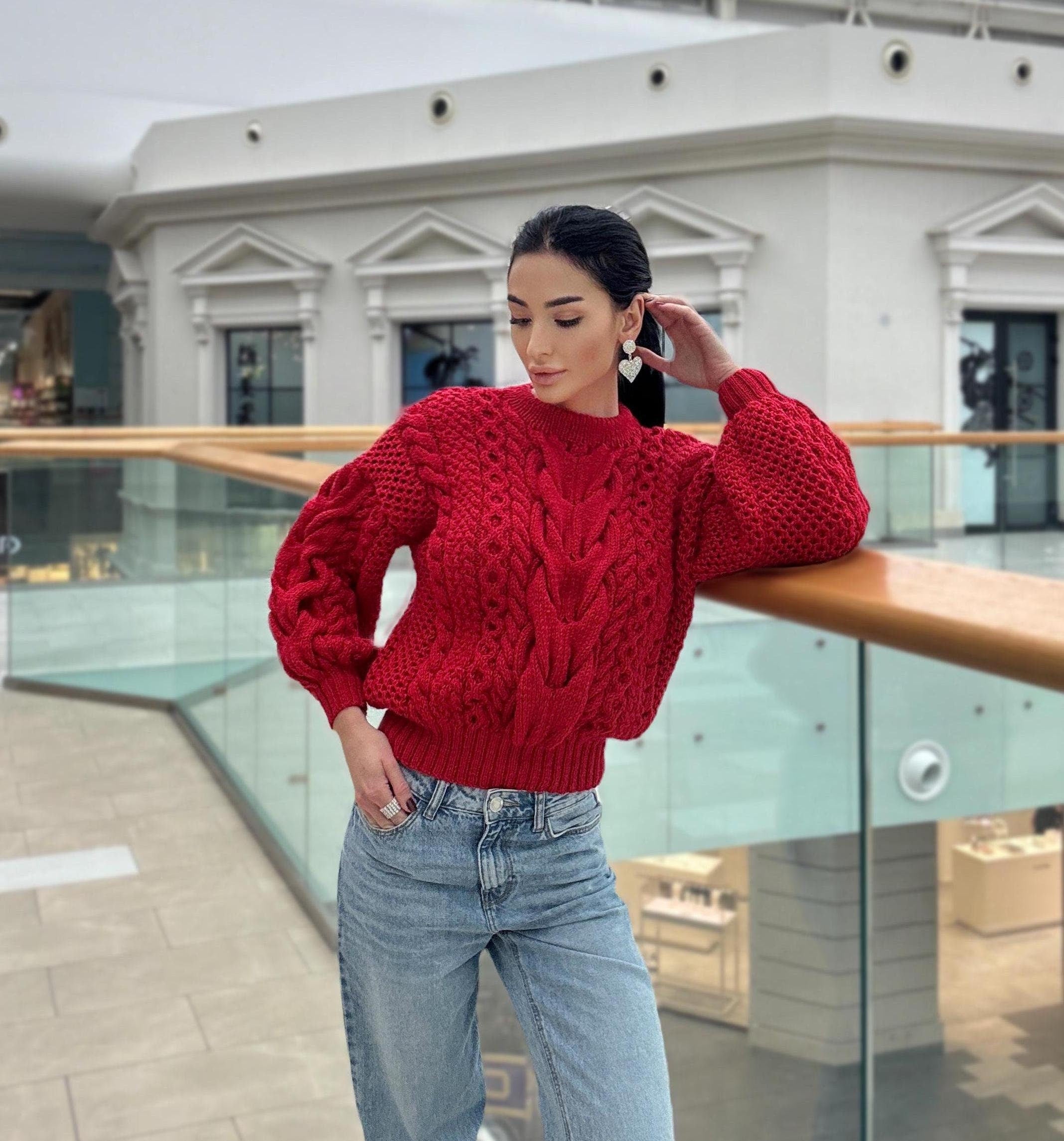 Merino wool red burgundy hand knit braids sweater women Chinky knit oversize jumper Cable Loose knit Oversized Womens Christmas pullover