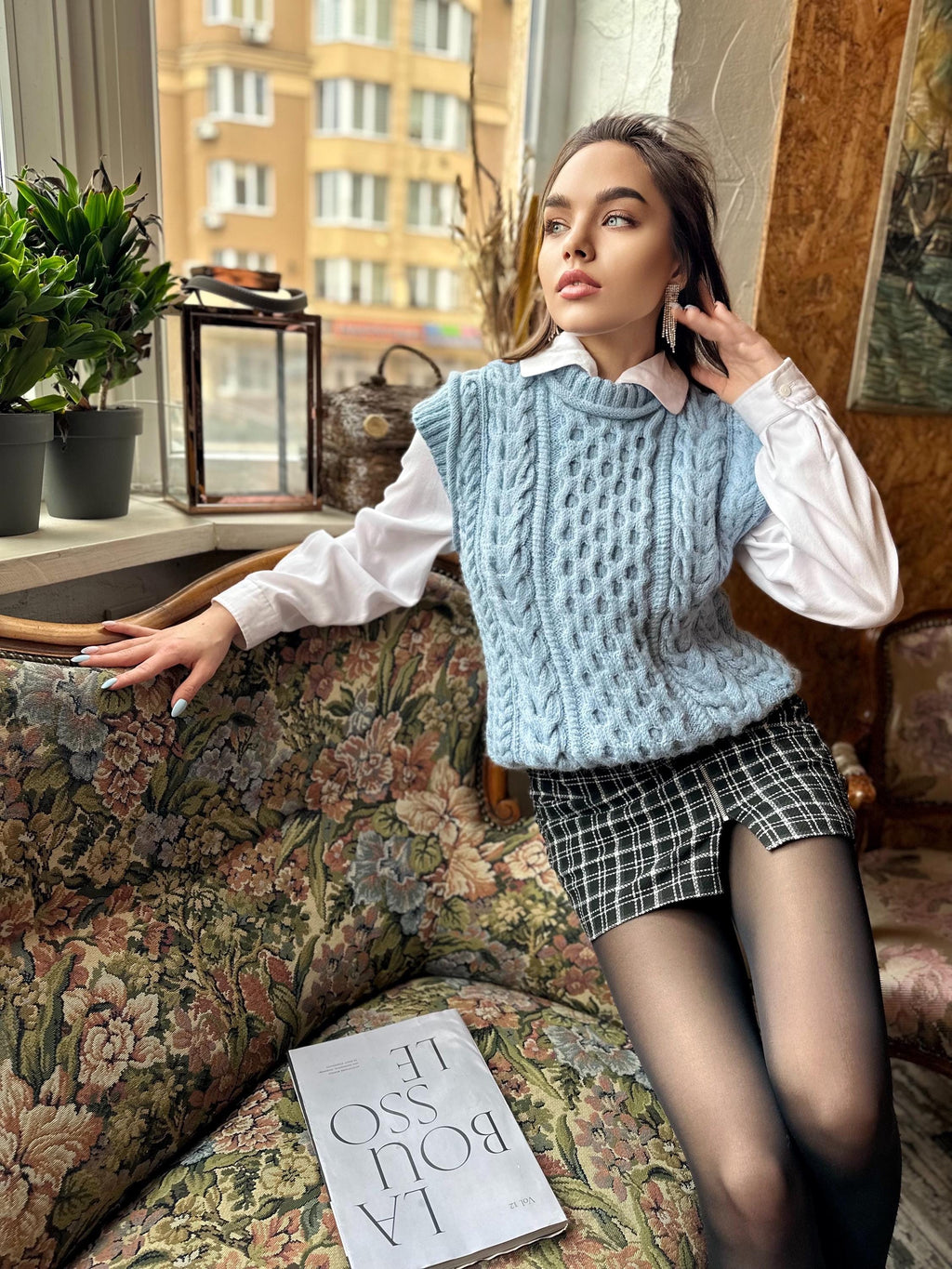 Knit alpaca wool sweater vest Chunky blue hand knit Sweater vest women Cable knit sweater office clothing Sleeveless Crew neck knit vest