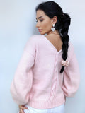 Light pink angora sweater Open back Deep neckline Knit Pastel fluffy angora pullover Loose fit oversized V-neck Top long sleevs Cozy gift