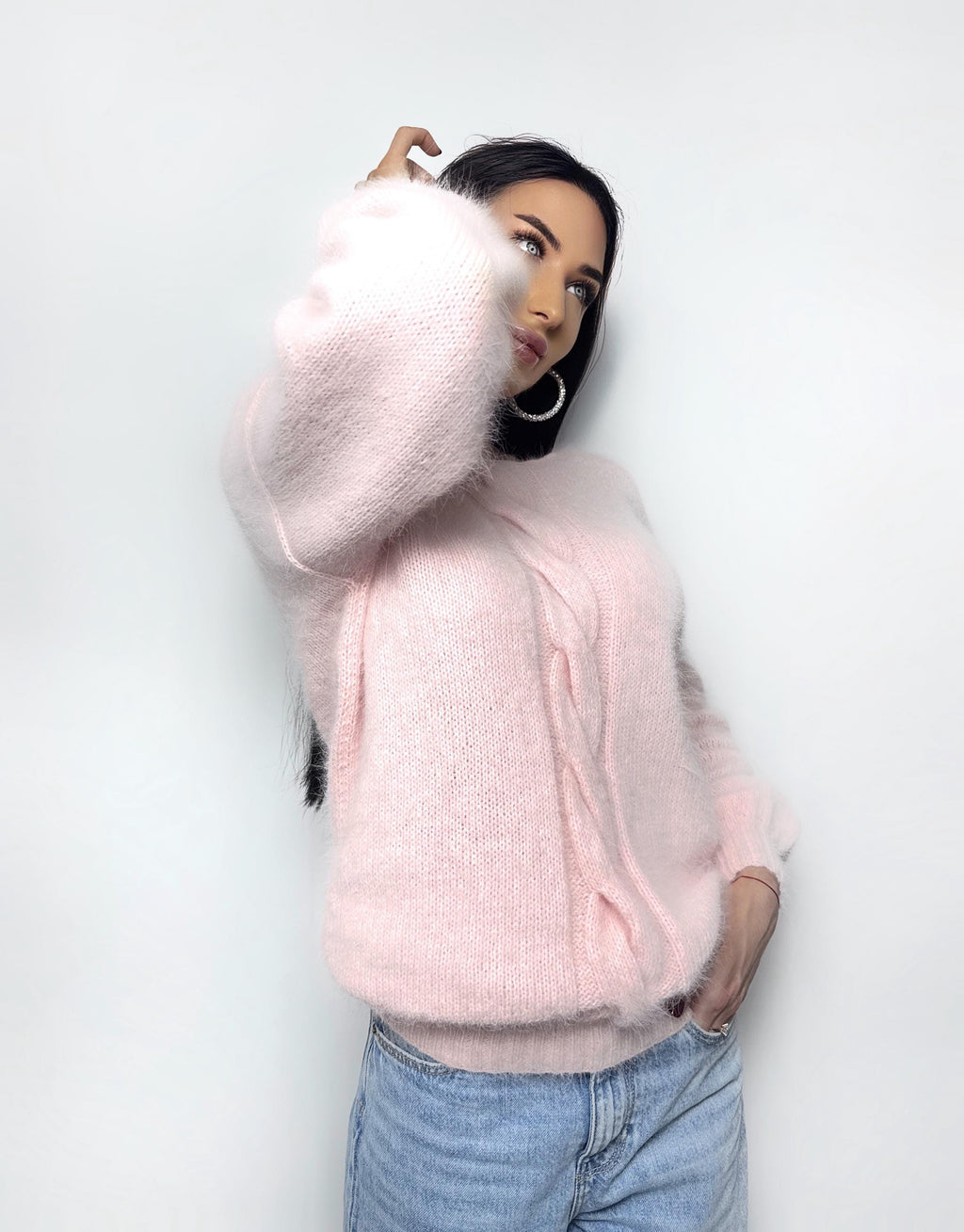 Angora light pink white sweater Open back Deep neckline Pastel fluffy angora pullover Loose fit oversized V-neck Top long sleevs Cozy gift