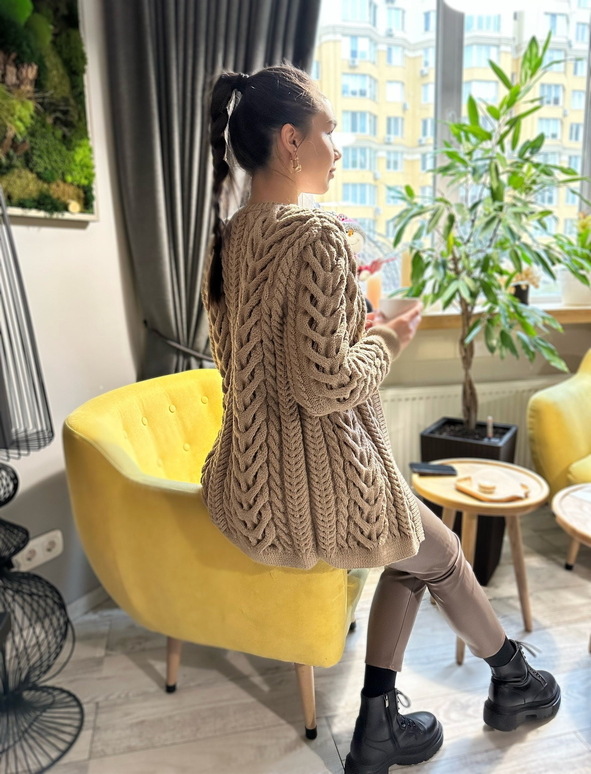 Hand knit wool pastel сardigan women Chunky knit beige cardigan Knitted jacket Cable knit cardigan Chunky knit sweater Fall pullover