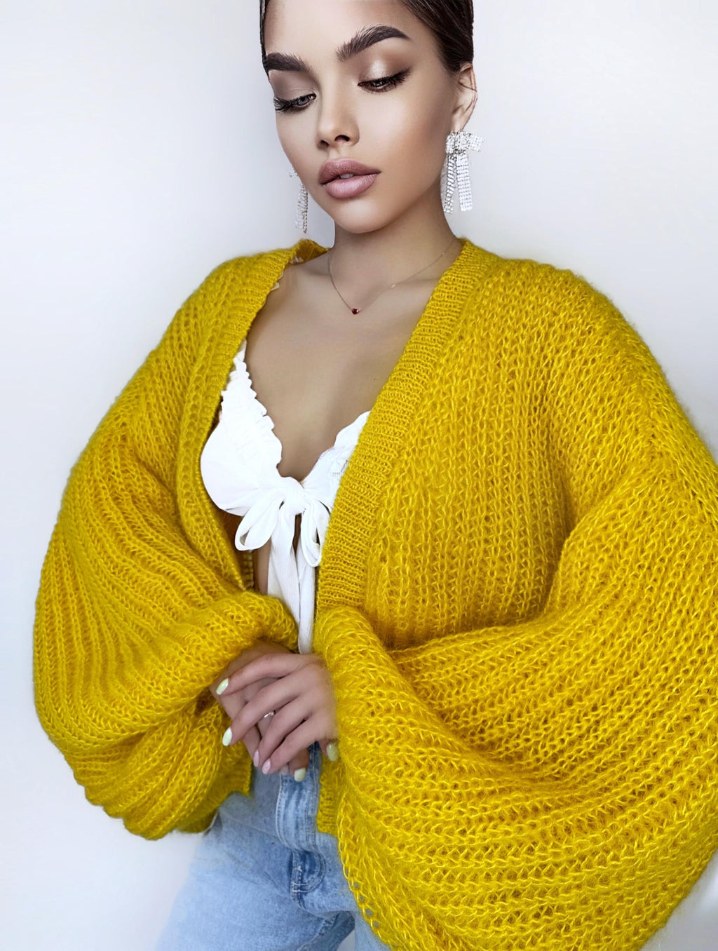 Mohair cardigan women Yellow Lemon Bright cardigan Mohair sweater White knitted coat Jacket Women Bridal shrug bolero wool Fluffy short card