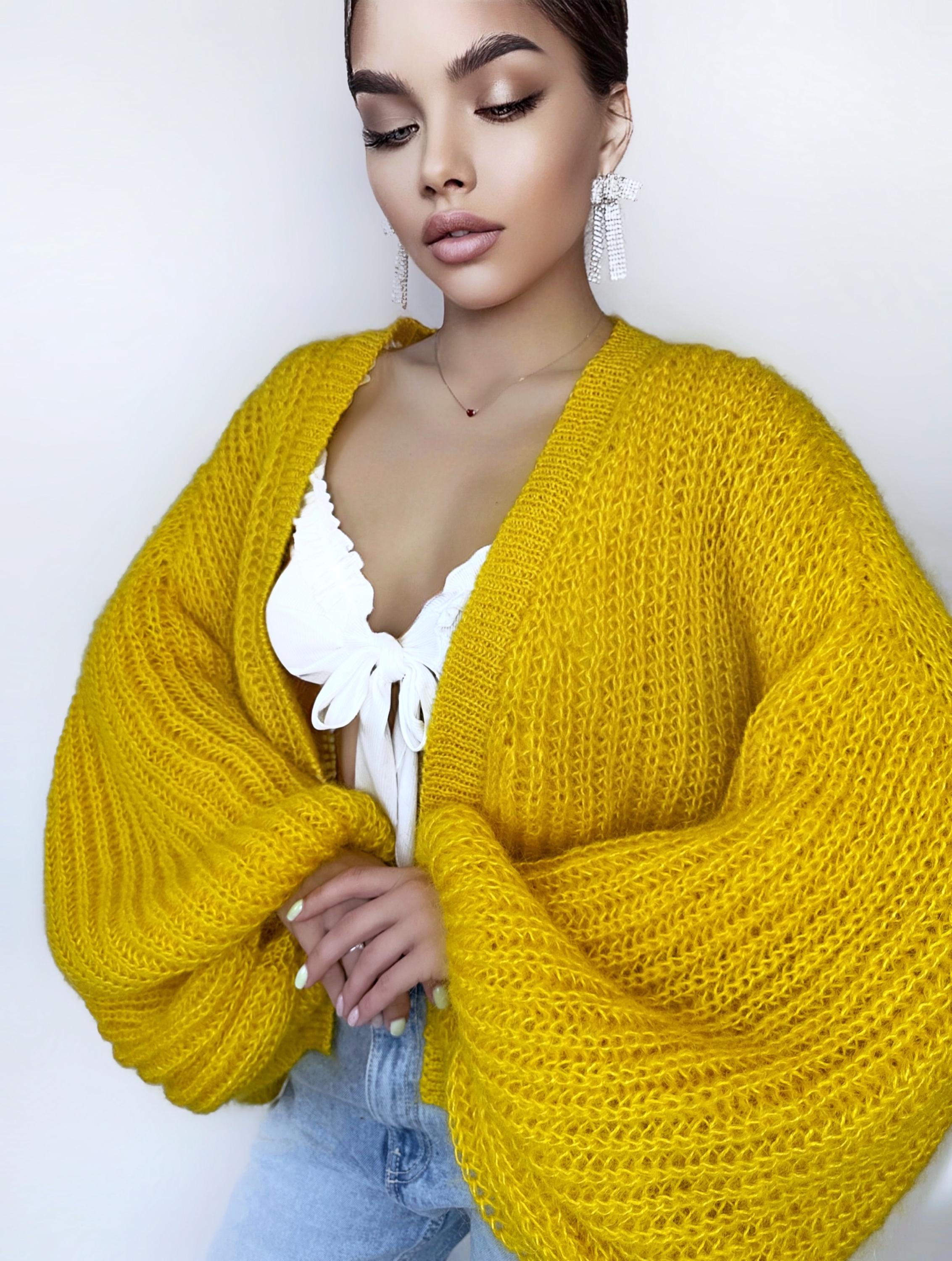 Mohair cardigan women Yellow Lemon Bright cardigan Mohair sweater White knitted coat Jacket Women Bridal shrug bolero wool Fluffy short card
