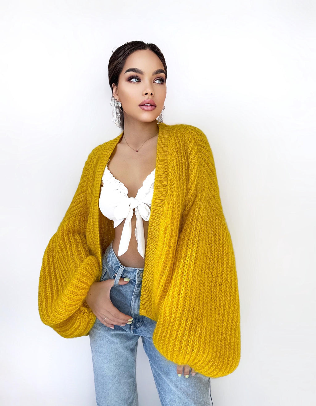Mohair cardigan women Yellow Lemon Bright cardigan Mohair sweater White knitted coat Jacket Women Bridal shrug bolero wool Fluffy short card