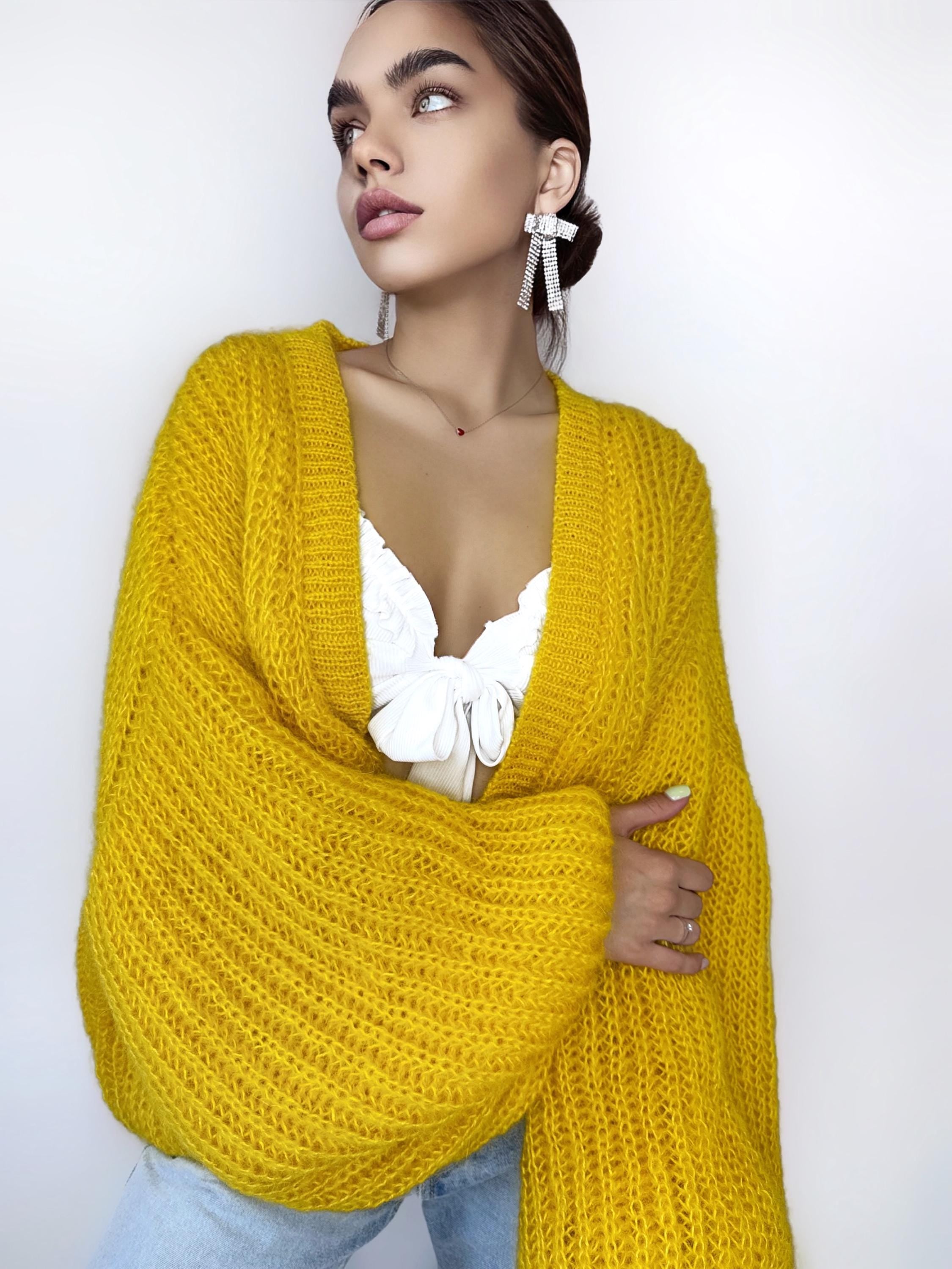 Mohair cardigan women Yellow Lemon Bright cardigan Mohair sweater White knitted coat Jacket Women Bridal shrug bolero wool Fluffy short card