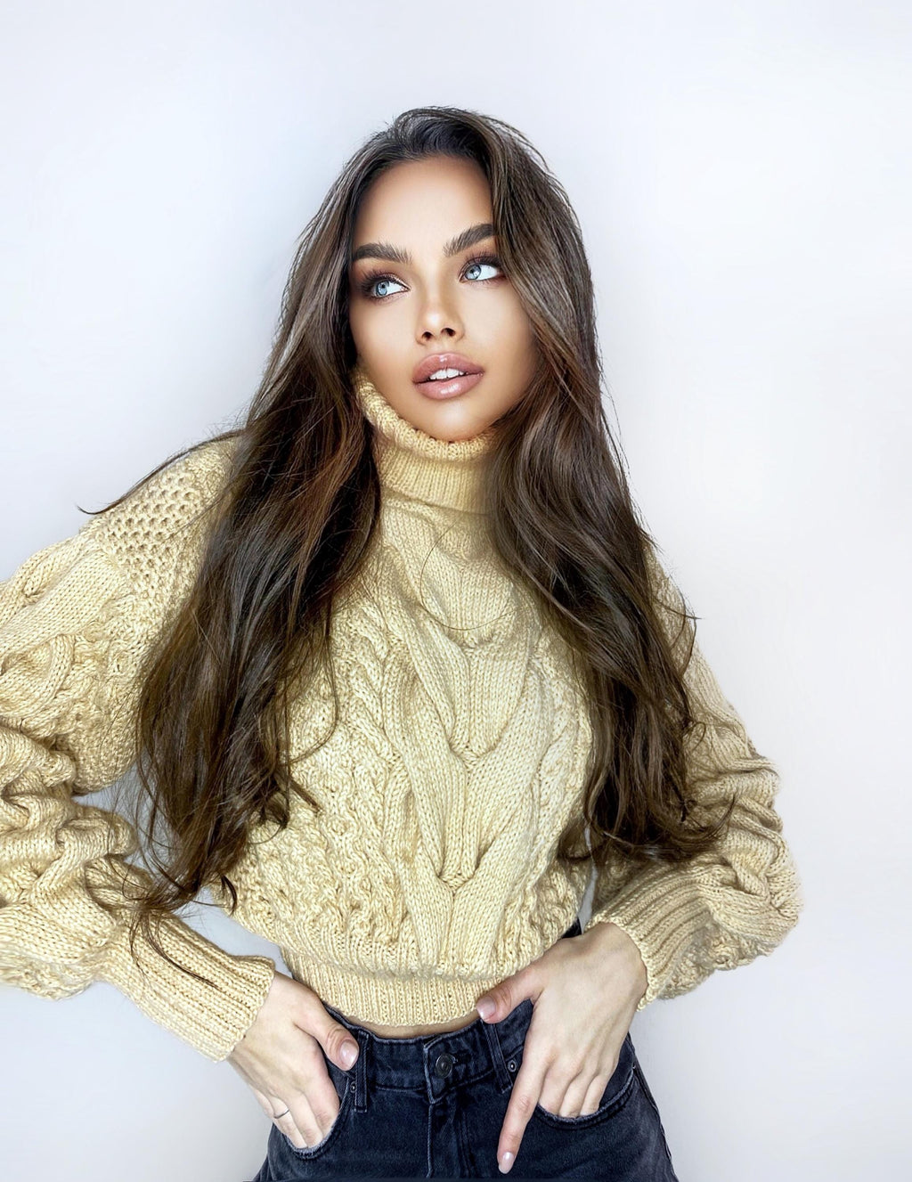 Chunky crop hand knitted Pastel light beige sweater Knit Turtleneck Oversized Pullover Women's Cable knit Jumper merino wool winter sweater