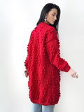 Hand knit red merino wool mixture Midi cardigan Cable knit long popcorn cardigan for women Popcorn Stitch Bobble Chunky knit sweater