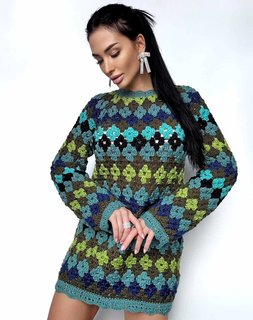 Crochet wool mini long sleeve green sweater dress Crochet afghan Boho crochet dress Colorful dress Mini Festival Clothing Vintage Dress