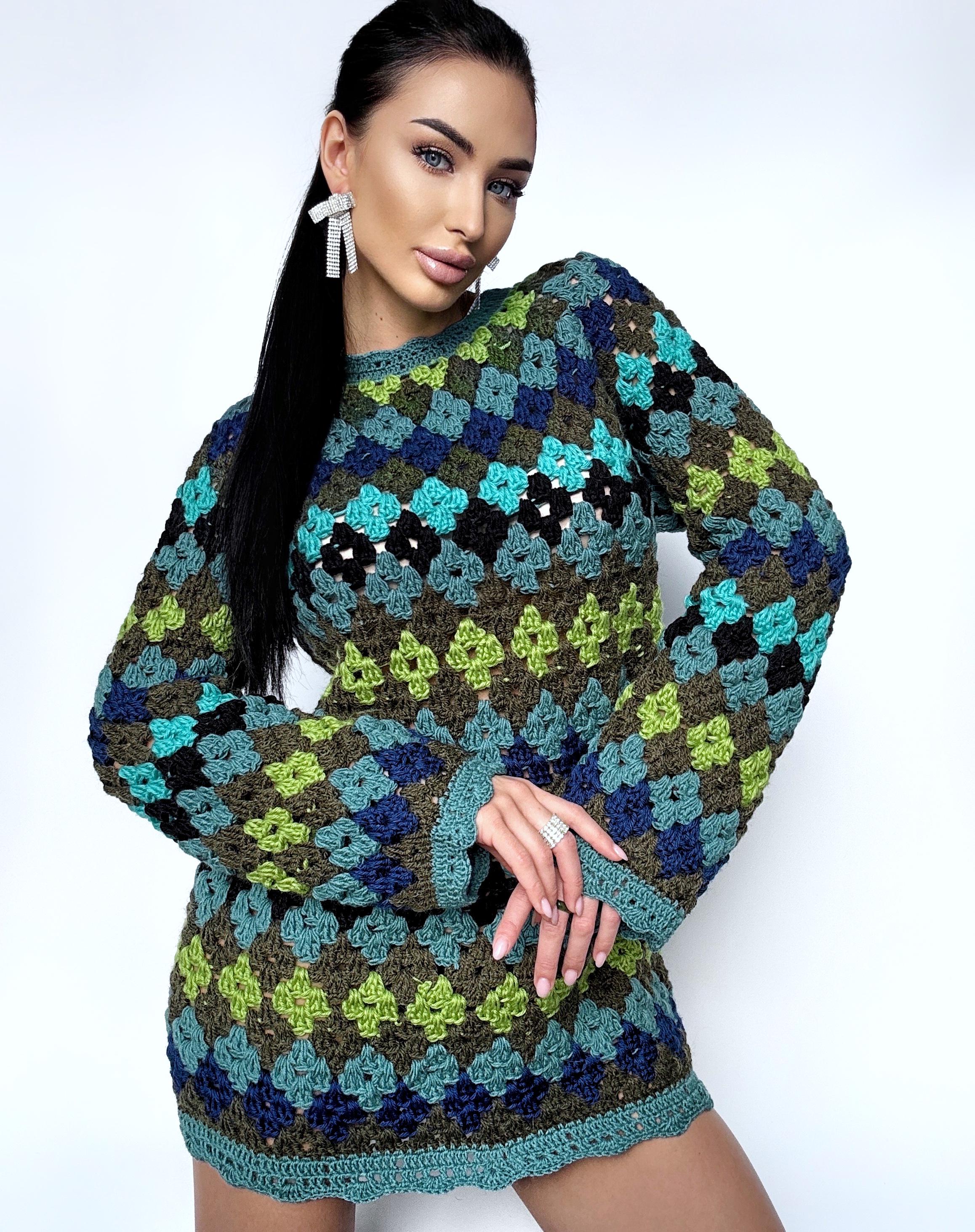 Crochet wool mini long sleeve green sweater dress Crochet afghan Boho crochet dress Colorful dress Mini Festival Clothing Vintage Dress