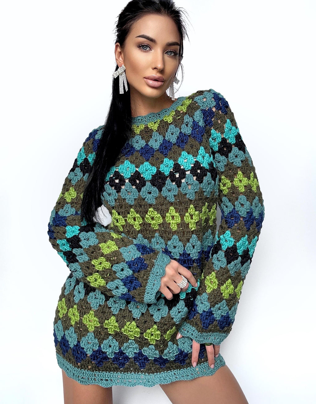 Crochet wool mini long sleeve green sweater dress Crochet afghan Boho crochet dress Colorful dress Mini Festival Clothing Vintage Dress