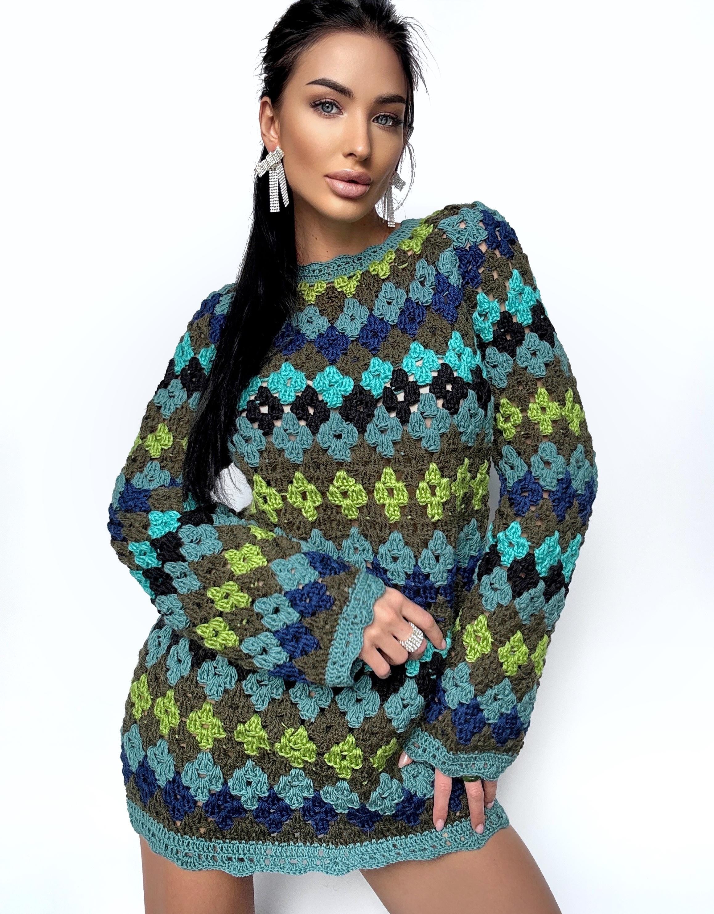Crochet wool mini long sleeve green sweater dress Crochet afghan Boho crochet dress Colorful dress Mini Festival Clothing Vintage Dress