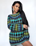 Crochet wool mini long sleeve green sweater dress Crochet afghan Boho crochet dress Colorful dress Mini Festival Clothing Vintage Dress