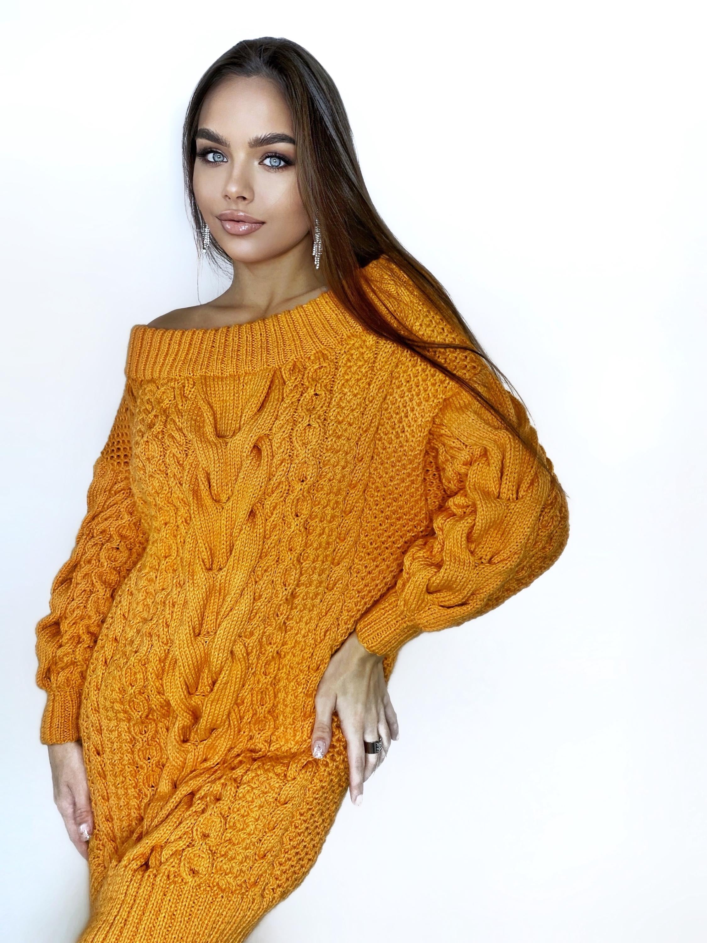 Hand knit sweater dresses for women Orange cable knit sweater dress open shoulders Long women’s wool sweater braids knit dress one shoulder