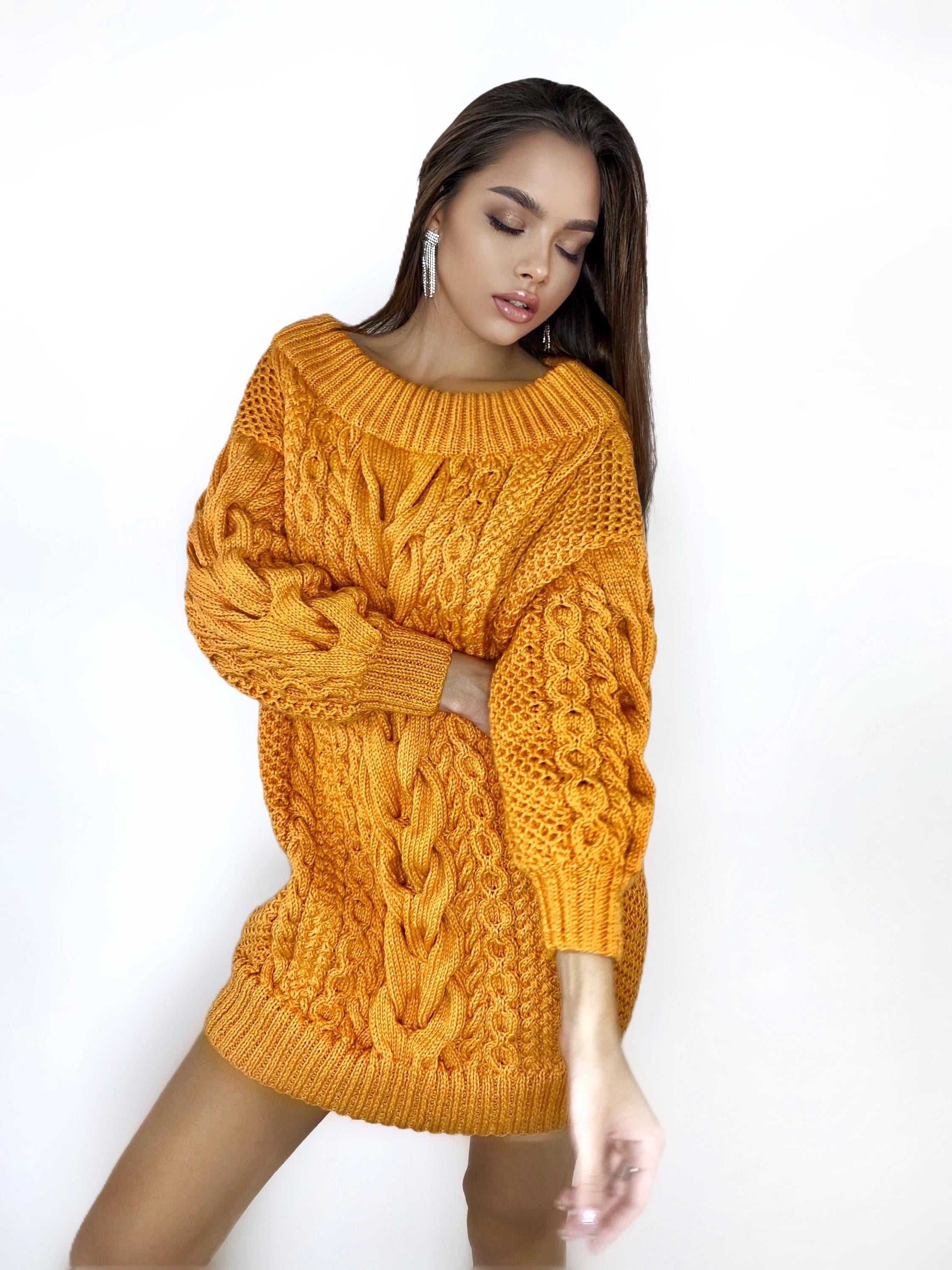 Hand knit sweater dresses for women Orange cable knit sweater dress open shoulders Long women’s wool sweater braids knit dress one shoulder
