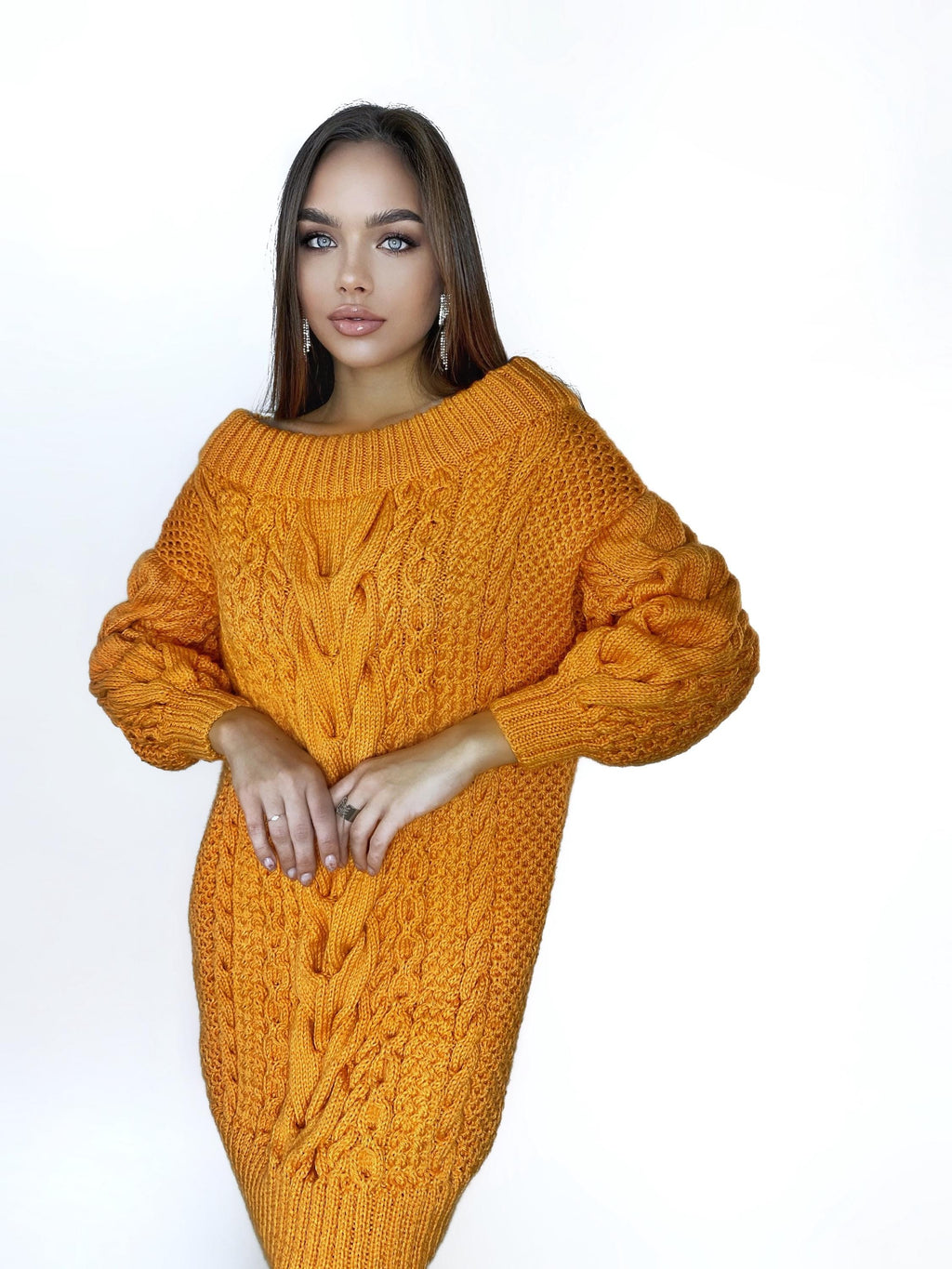 Hand knit sweater dresses for women Orange cable sweater dress open shoulders Long women’s wool sweater braids knit dress one shoulder