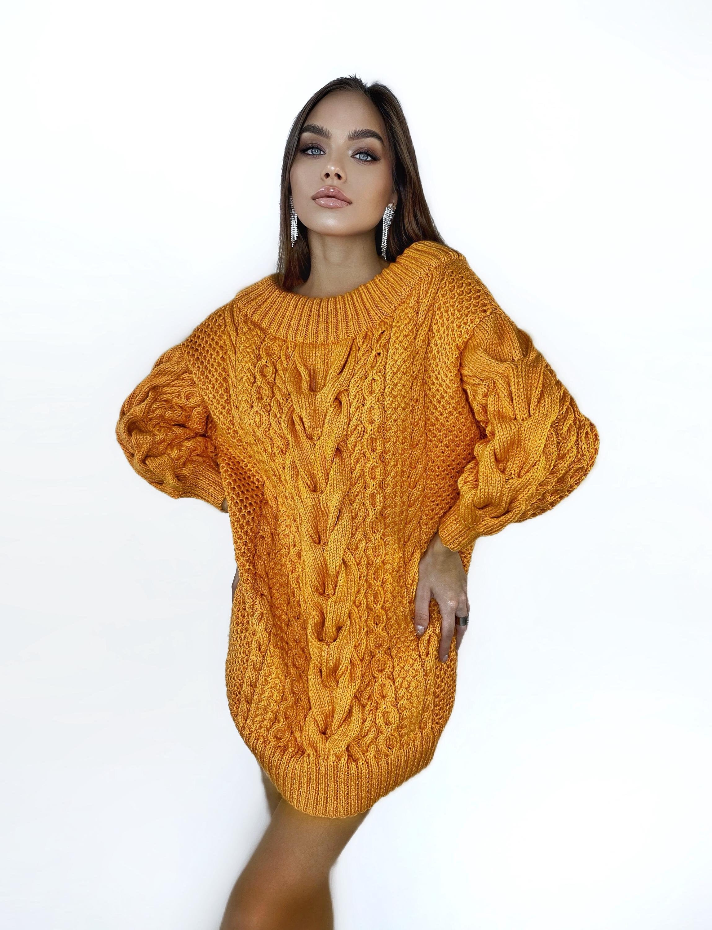 Hand knit sweater dresses for women Orange cable sweater dress open shoulders Long women’s wool sweater braids knit dress one shoulder