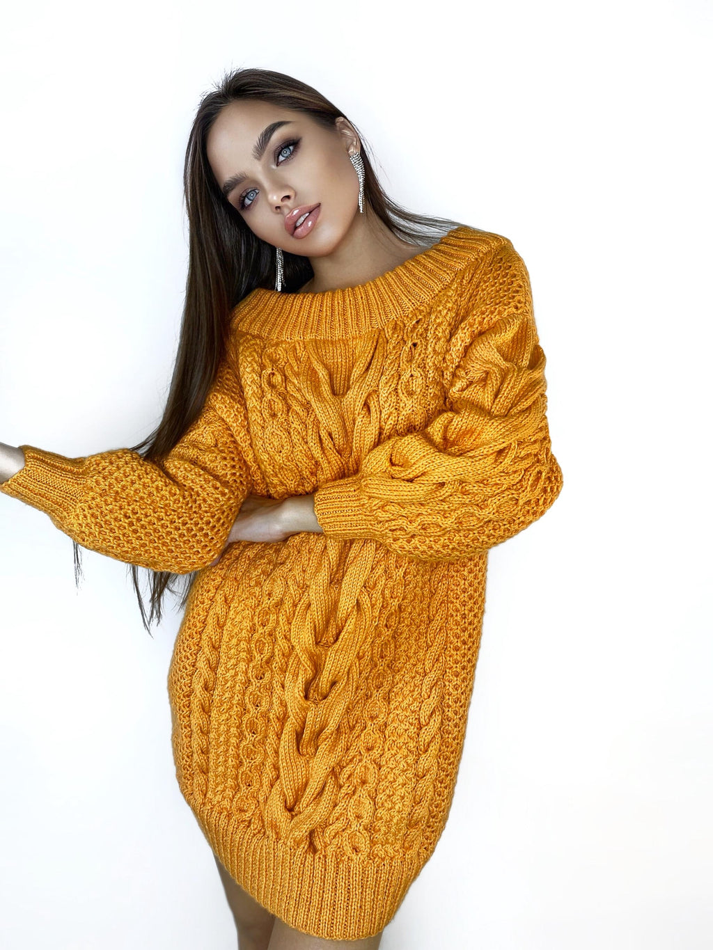 Knitted Fall Pumpkin halloween sweater dress for women Orange cable sweater dres open shoulders Long women’s wool sweater braids knit dress