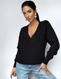 Knitted merino wool V neck Black sweater women Knit pullover Bright sweater Womens Chunky knit oversize pullover Office style