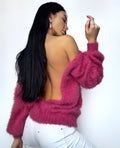 SOFT fluffy hand knit body friendly pink rouse merino wool mix sweater Open back Deep neckline Knit emerald fluffy pullover Oversized V-neck