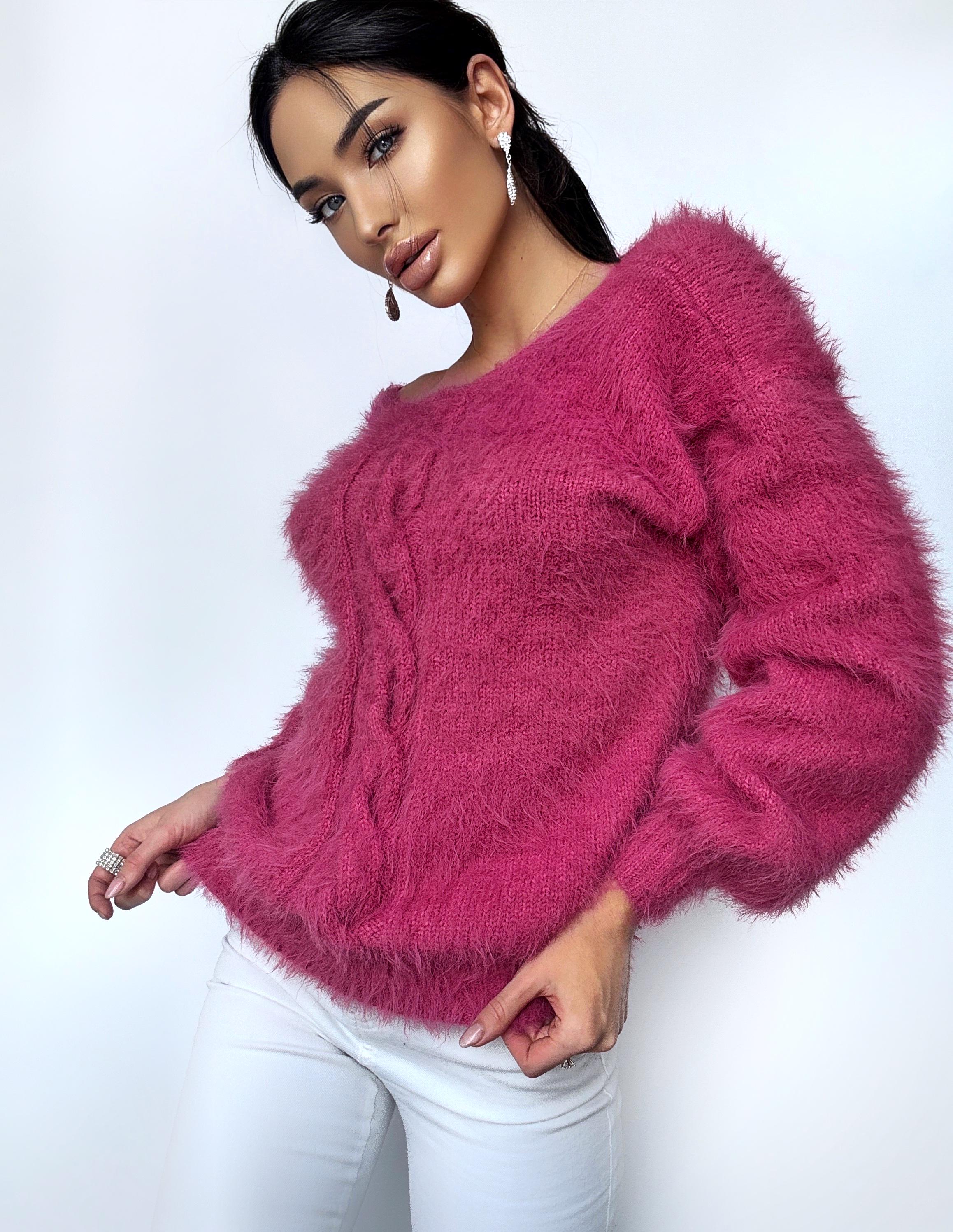 Fluffy fuchsia hand knit body friendly pink rouse open back sweater V - Deep neckline Knit emerald fluffy pullover Oversized V-neck