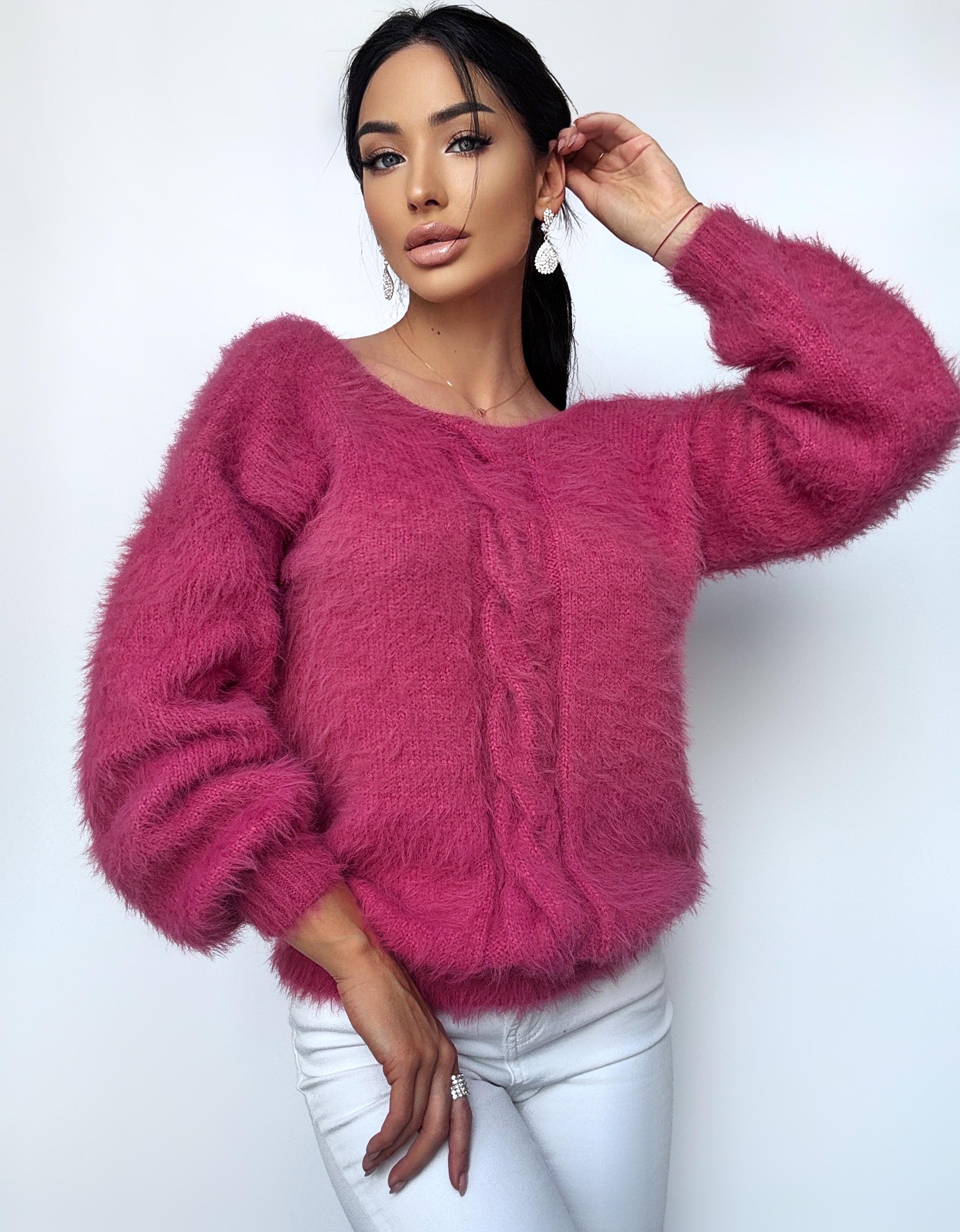 SOFT fluffy hand knit body friendly pink rouse merino wool mix sweater Open back Deep neckline Knit emerald fluffy pullover Oversized V-neck