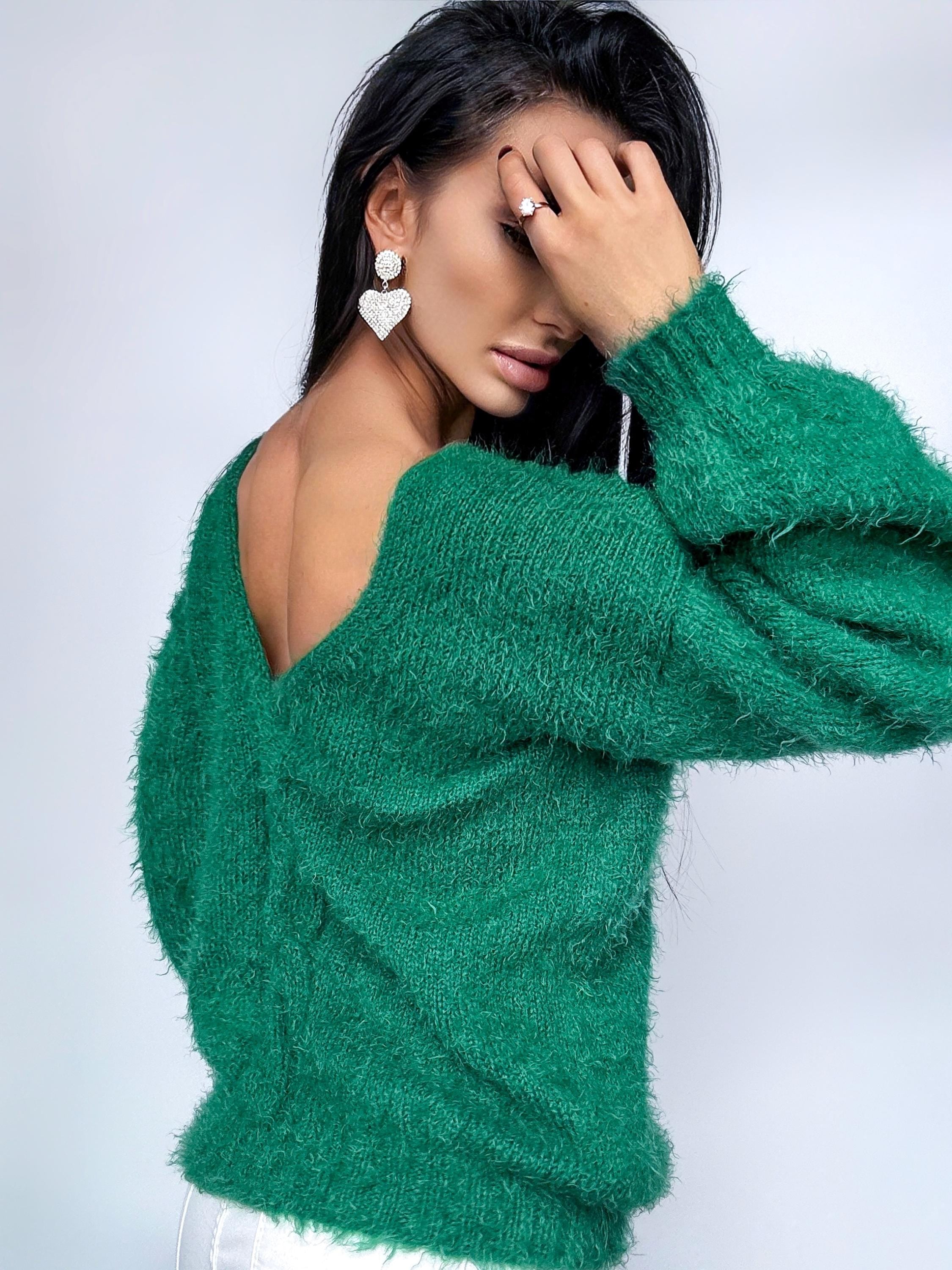 Green soft fluffy hand knit body friendly wool free sweater Open back Deep neckline Knit emerald fluffy pullover Loose fit oversized V-neck